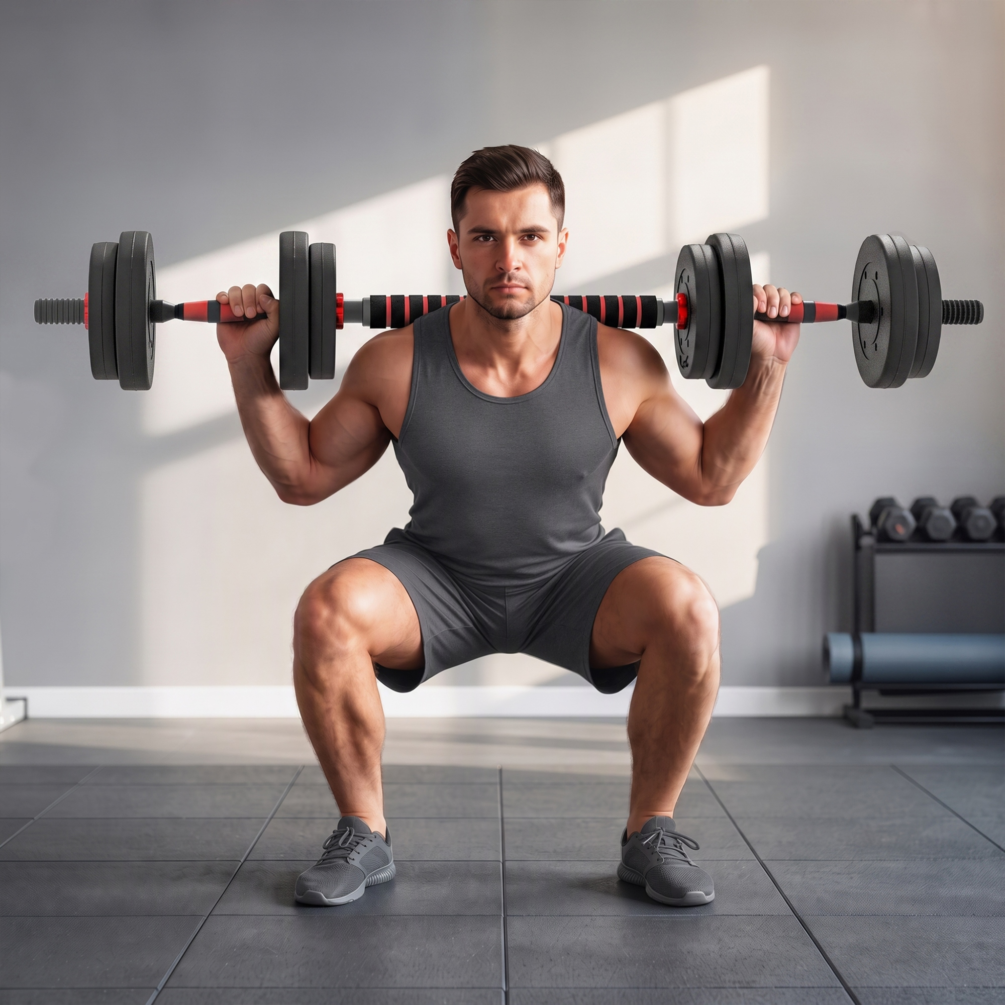Un hombre con camiseta gris y pantalones cortos hace sentadillas sosteniendo una barra pesada en un gimnasio.