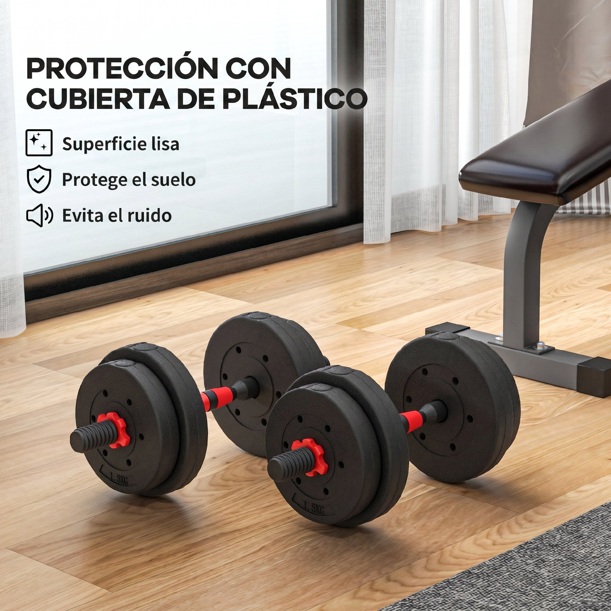 Dos mancuernas negras con detalles rojos en suelo de madera, junto a un banco de pesas, con texto en español de fondo.