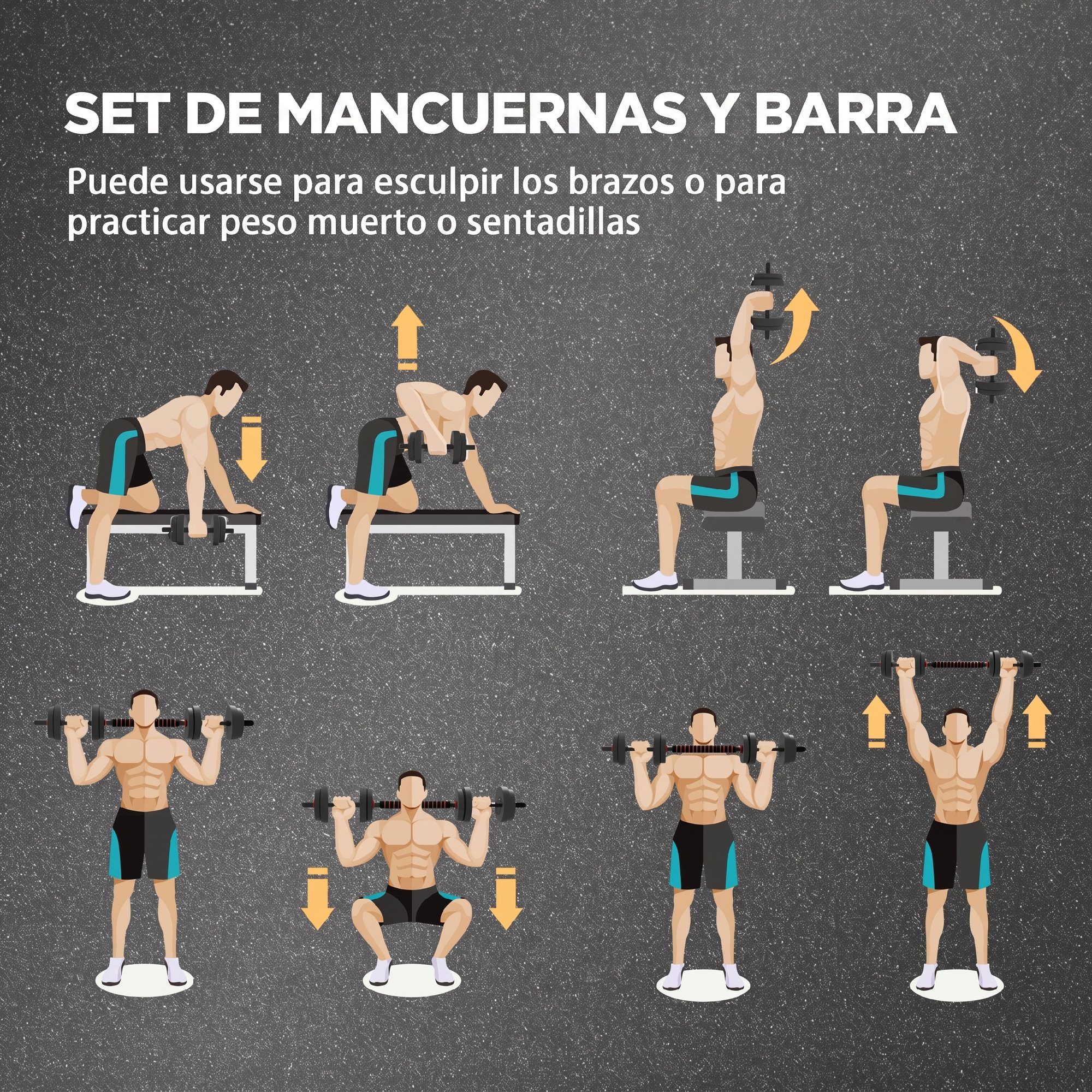 Infografía que muestra ejercicios con mancuernas como remo, press de hombros y sentadillas.