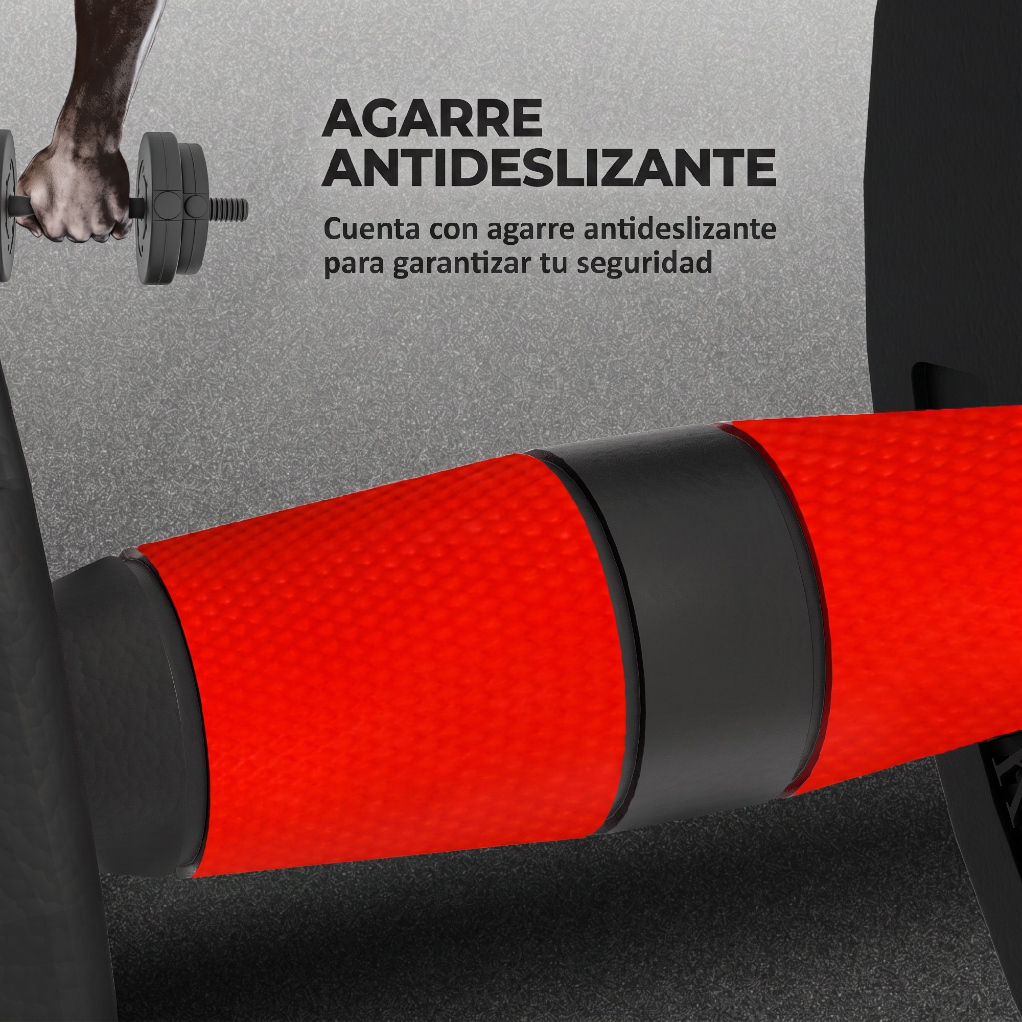 Primer plano de una mancuerna de fitness roja y negra con agarre antideslizante sobre fondo gris con texto.