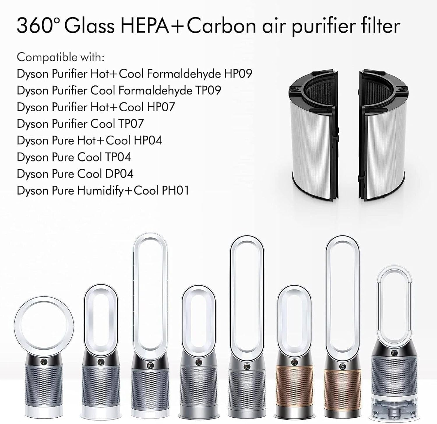 Dyson HEPA filtreleri ve uyumlu hava temizleyicilerinin genel görünümü.