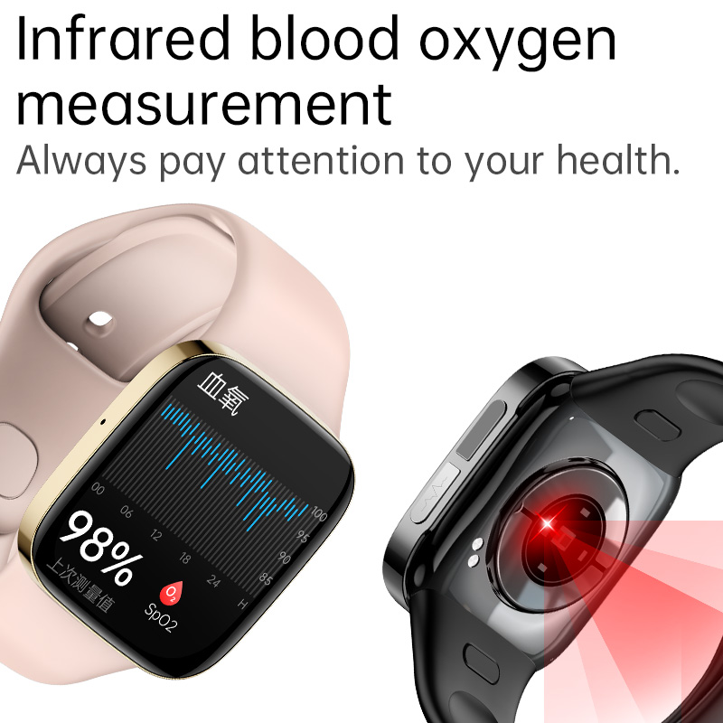 Smartwatch meet bloedzuurstof met infraroodlicht, toont 98 procent SpO2.