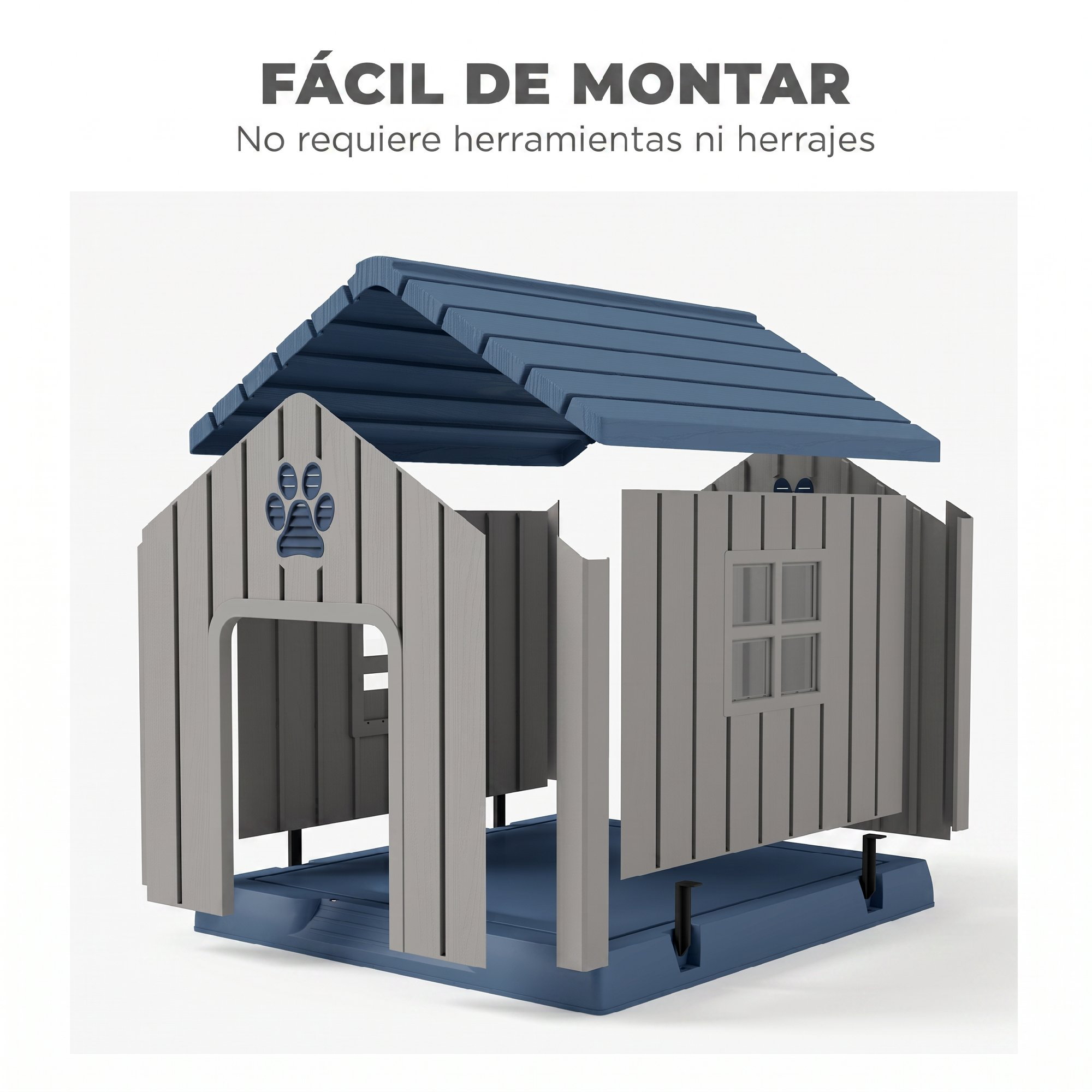 Caseta de perro desmontada en azul y gris sobre fondo blanco, fácil de montar.