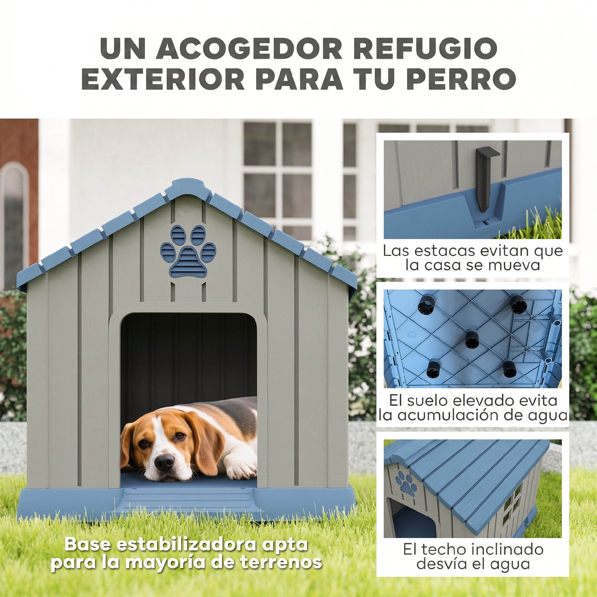 Beagle descansa en caseta gris con techo azul; imágenes muestran detalles de estabilidad.