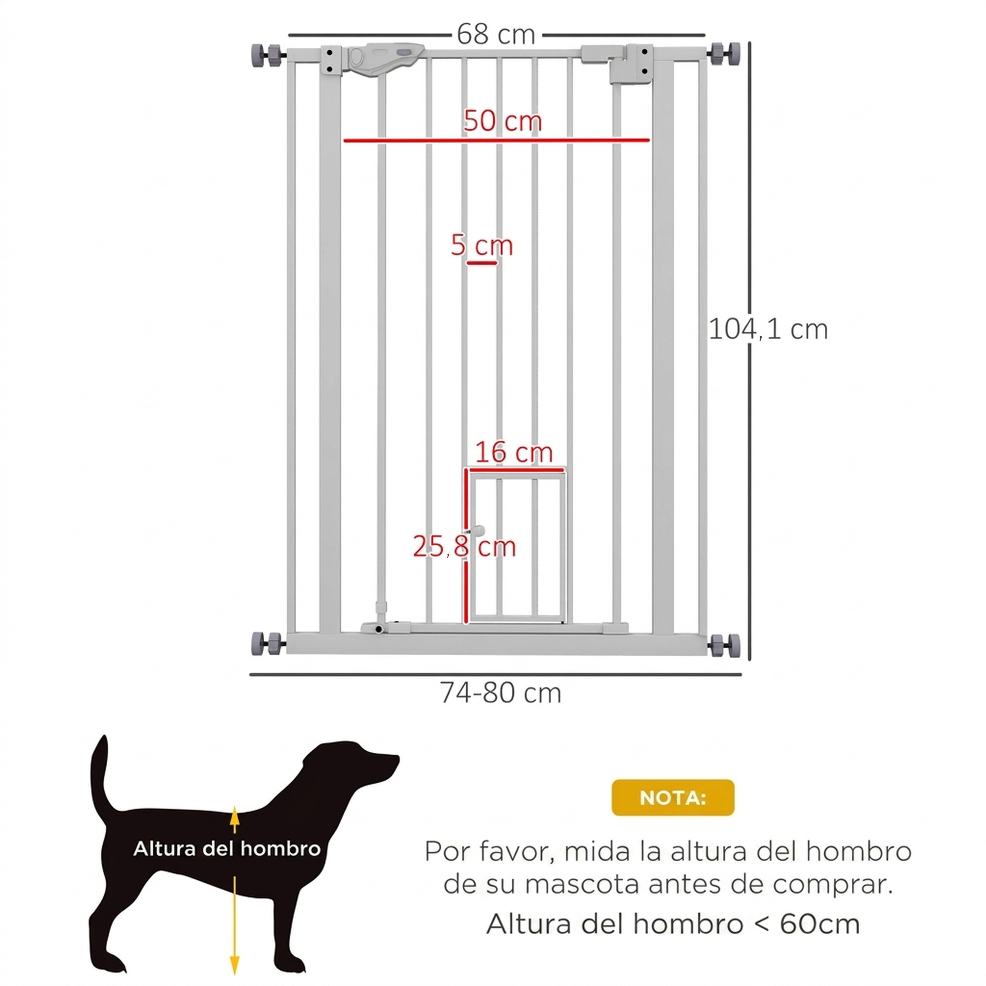 Diagrama de una puerta de seguridad con dimensiones y la silueta de un perro para medir.