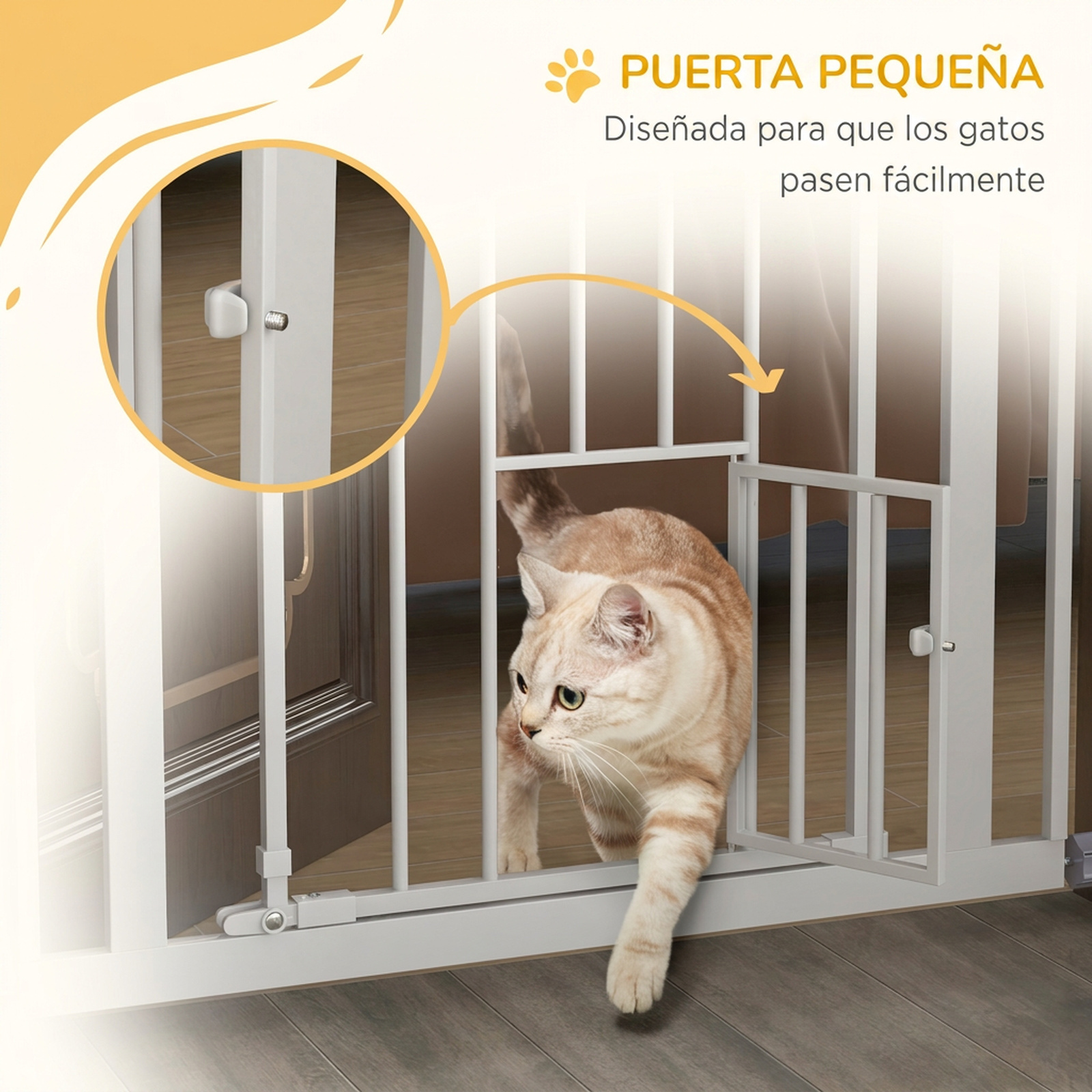 Una puerta blanca para mascotas con una pequeña gatera por la que pasa un gato.