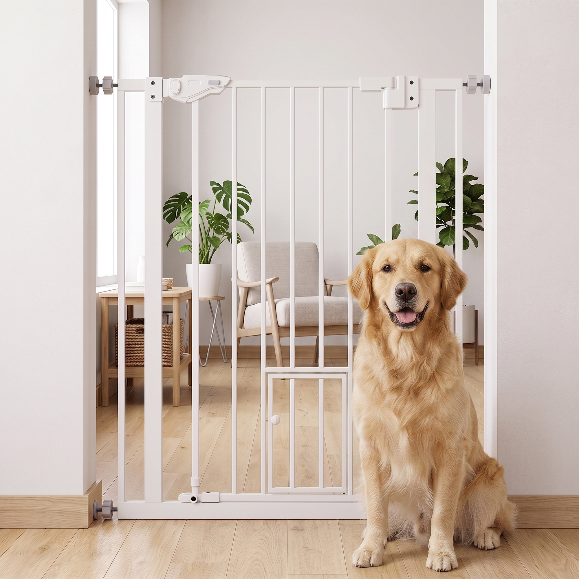 Un golden retriever se sienta frente a una puerta de seguridad blanca.