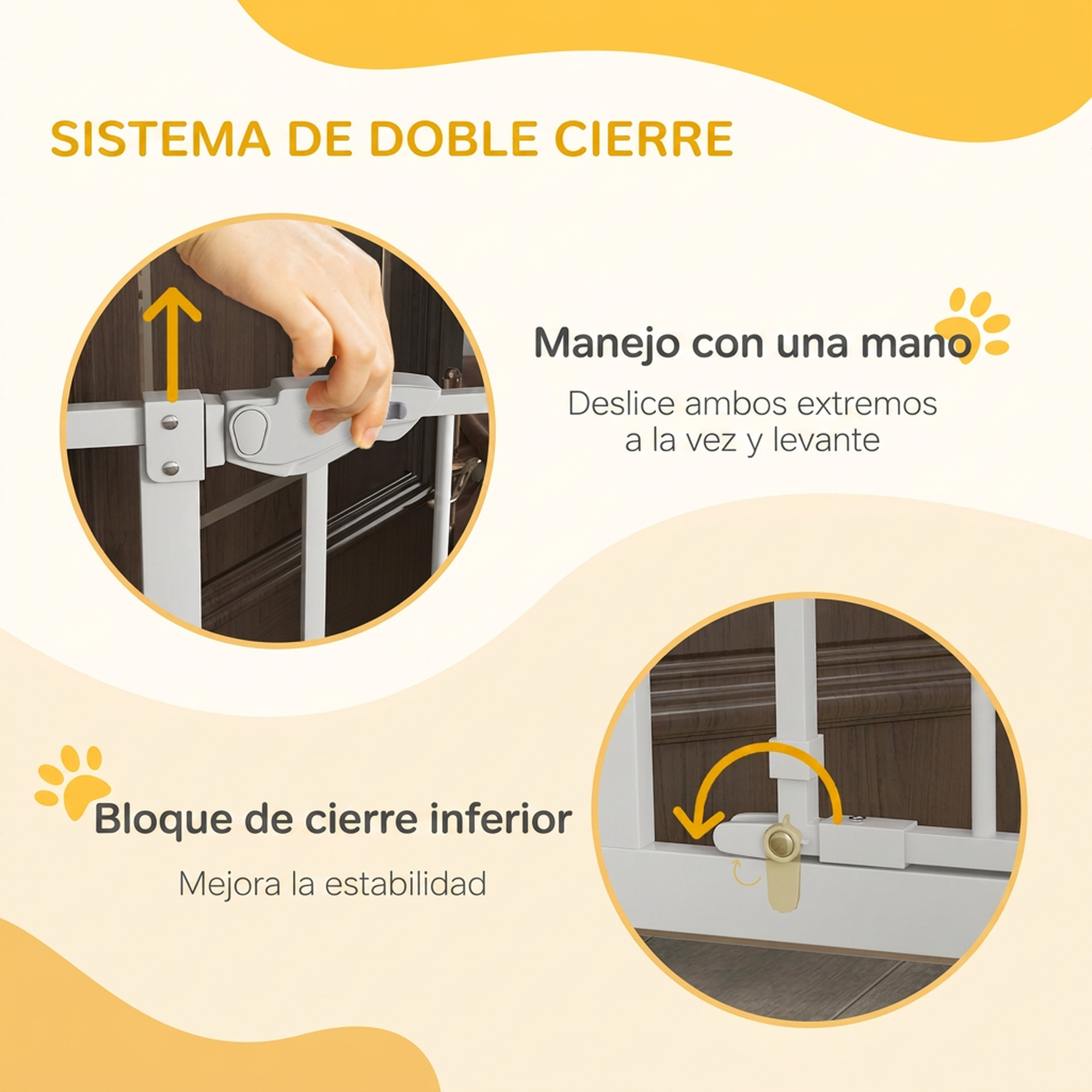 El diagrama muestra el sistema de doble cierre y el manejo con una mano de una puerta de seguridad blanca.