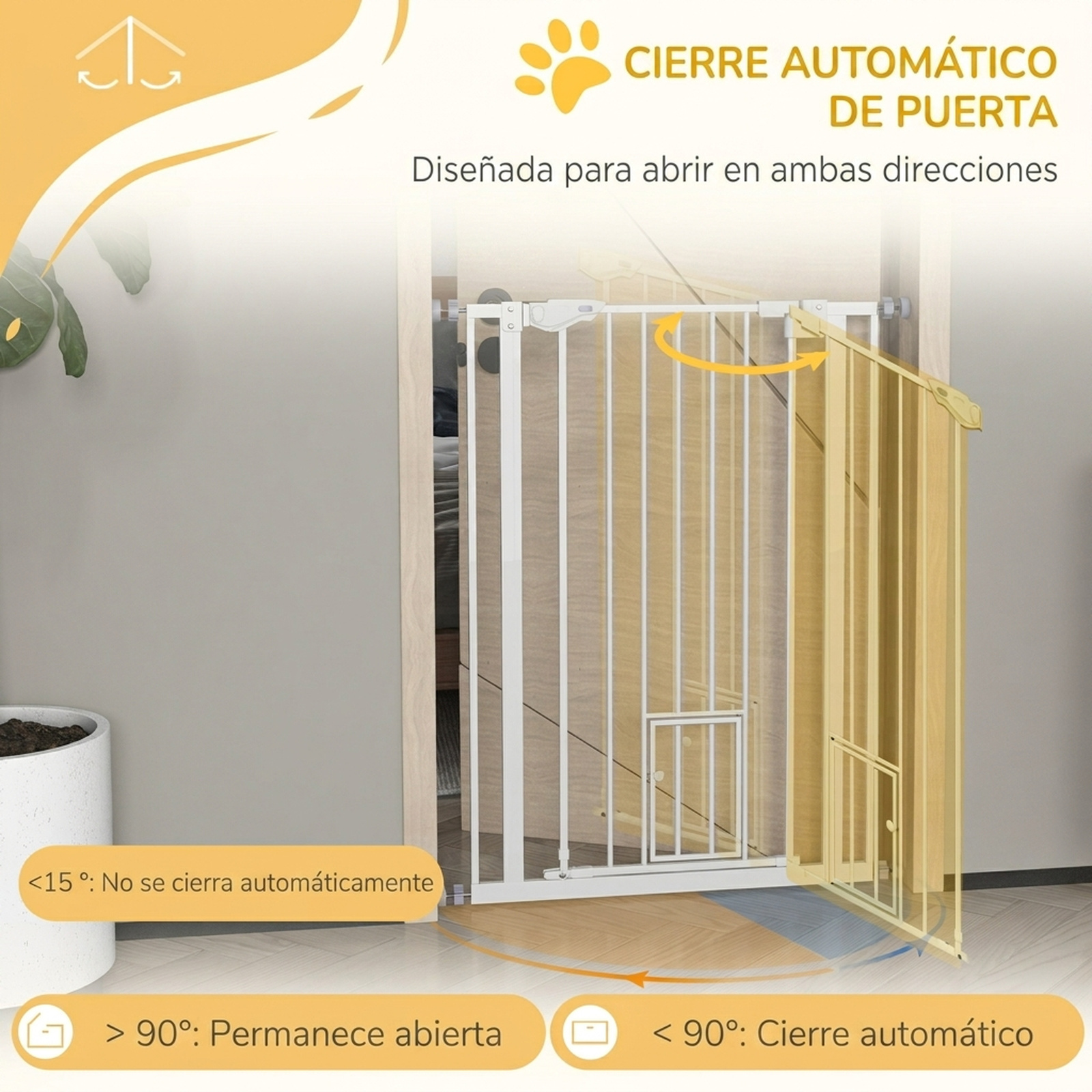 Puerta de seguridad blanca en un marco con funciones de cierre automático y texto en español.