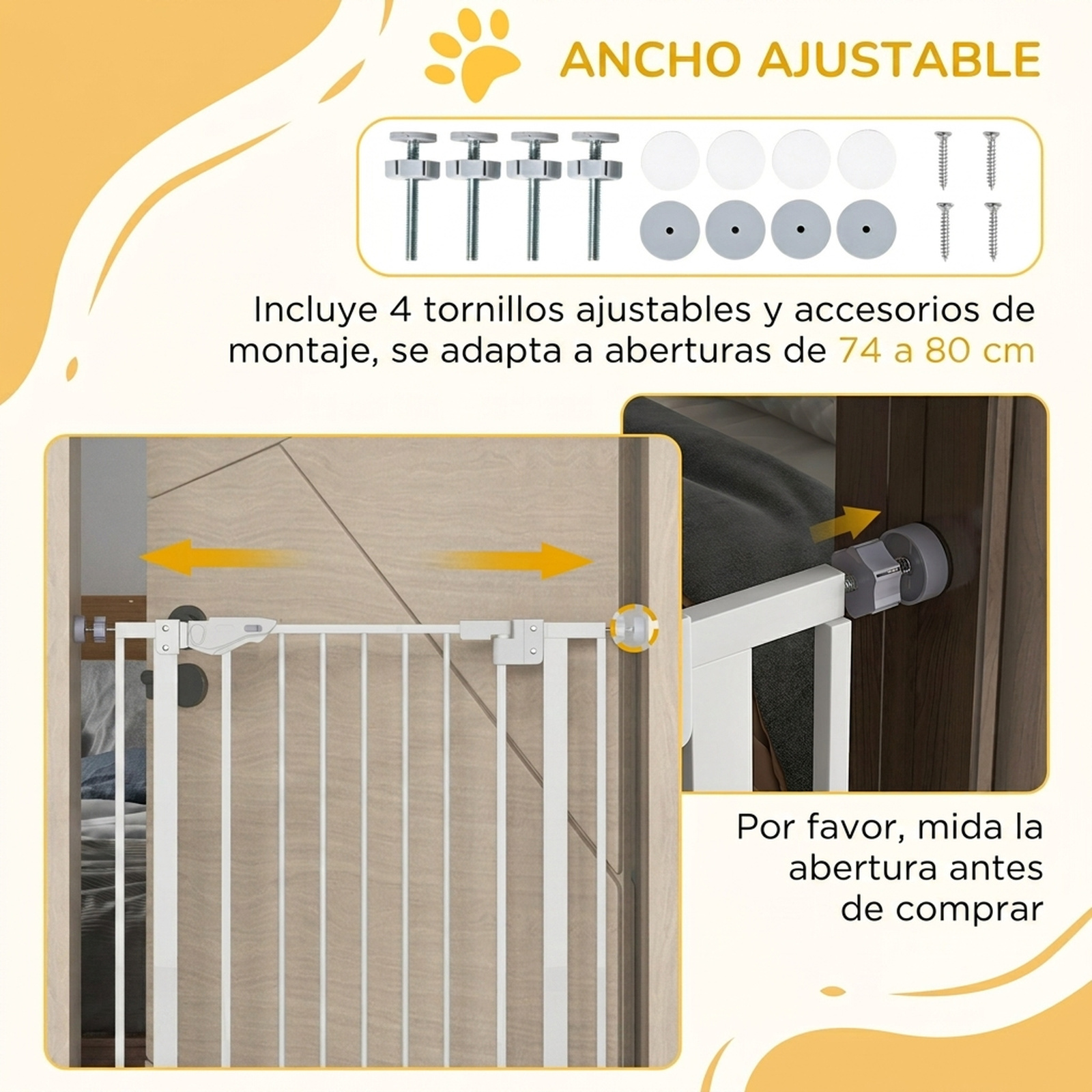 Puerta de seguridad blanca ajustable con accesorios de montaje para aberturas de 74 a 80 cm.