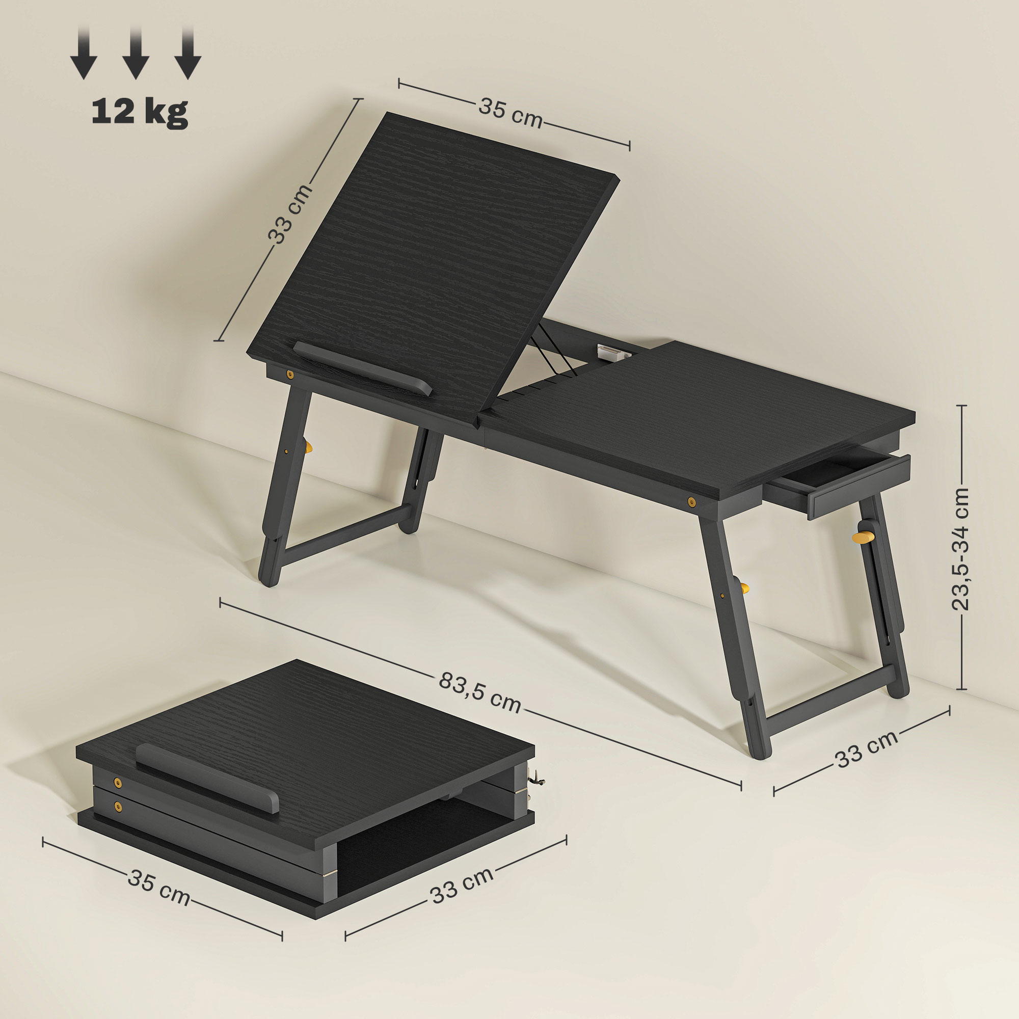 Mesa de ordenador portátil negra con medidas, superficie ajustable y versión plegada.