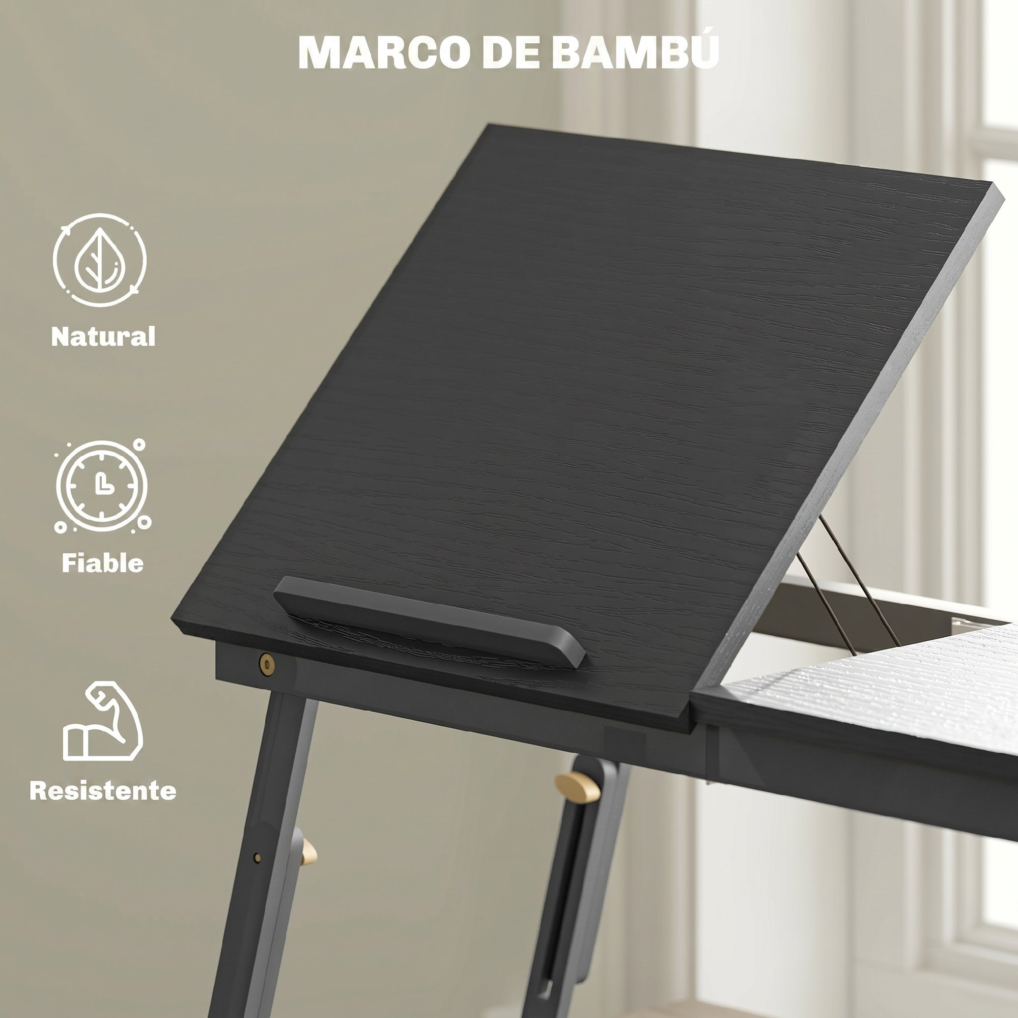 Escritorio ajustable negro con texto e iconos a la izquierda.