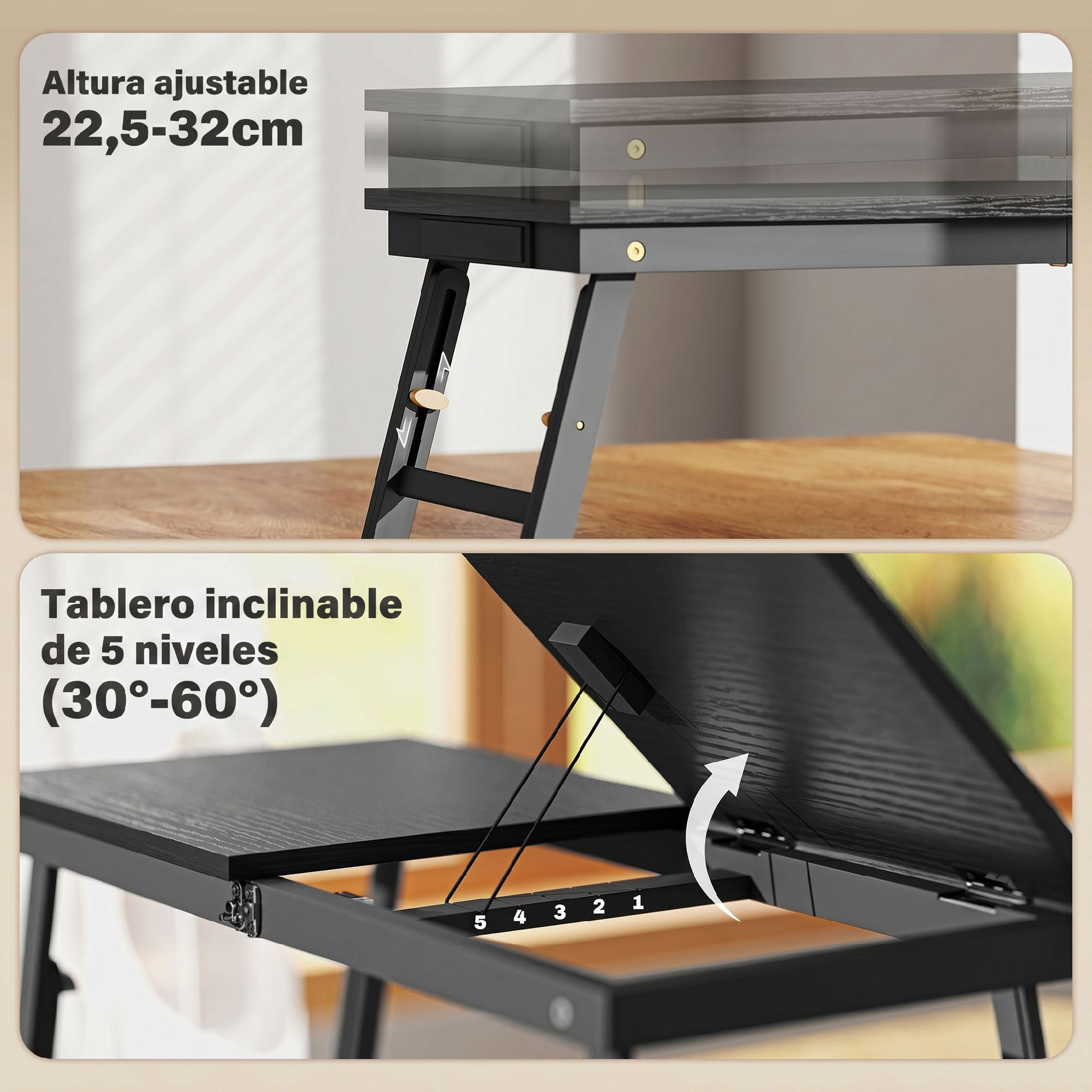 Un escritorio negro para portátil con altura e inclinación ajustables, ideal para la cama o el sofá.