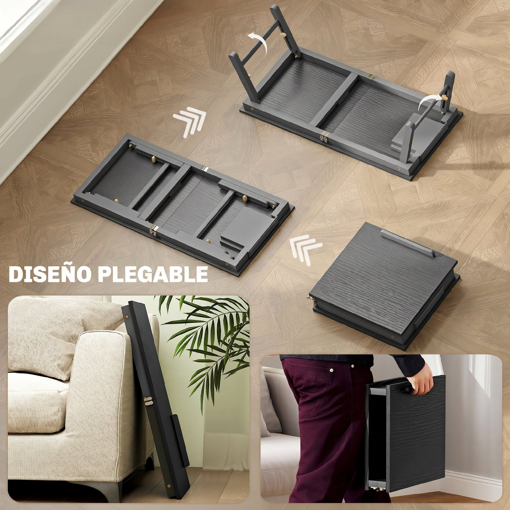 Muestra pasos de plegado de una mesa de madera gris oscura, su guardado junto a un sofá y portabilidad.