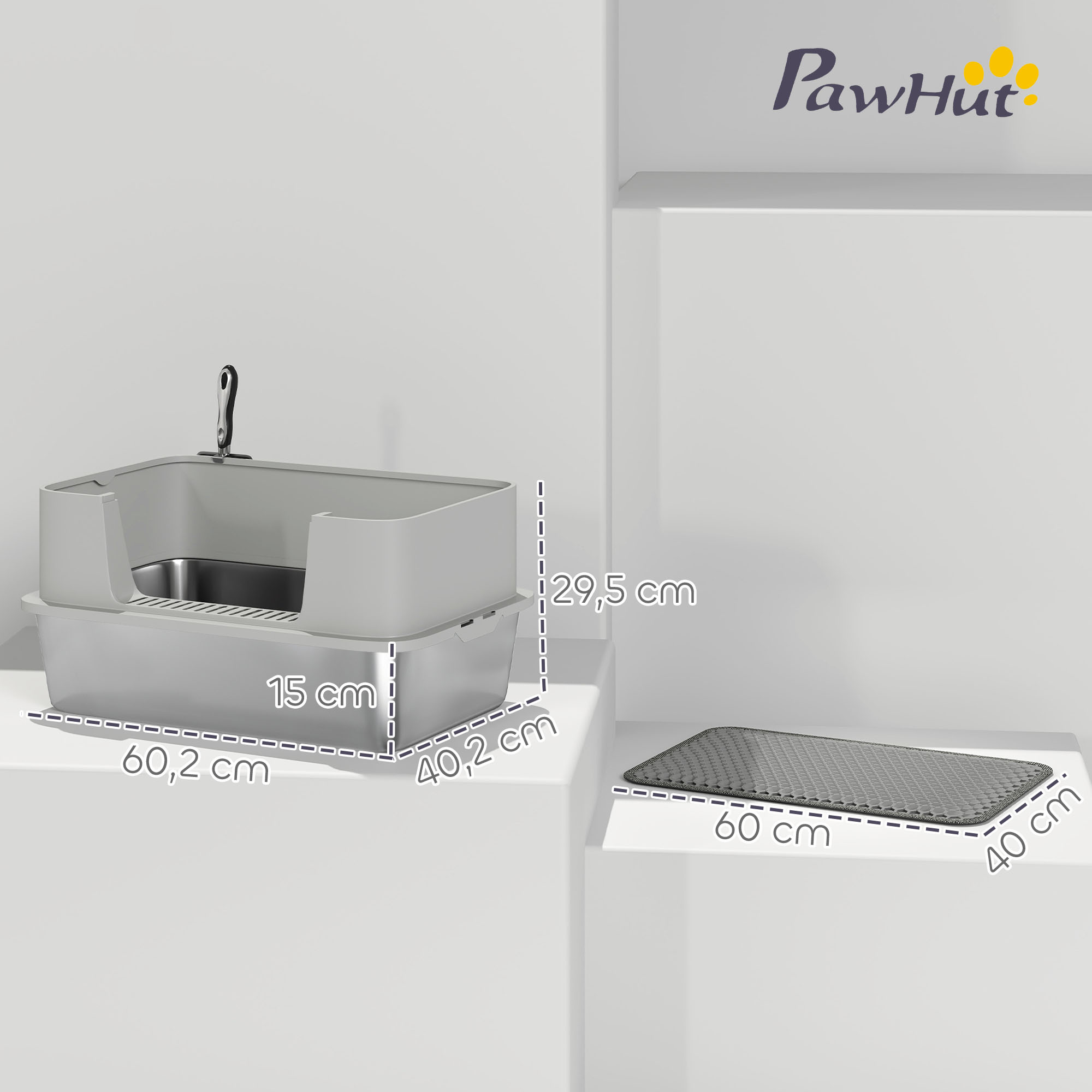 Arenero para gatos gris con dimensiones y alfombrilla gris en superficie blanca.