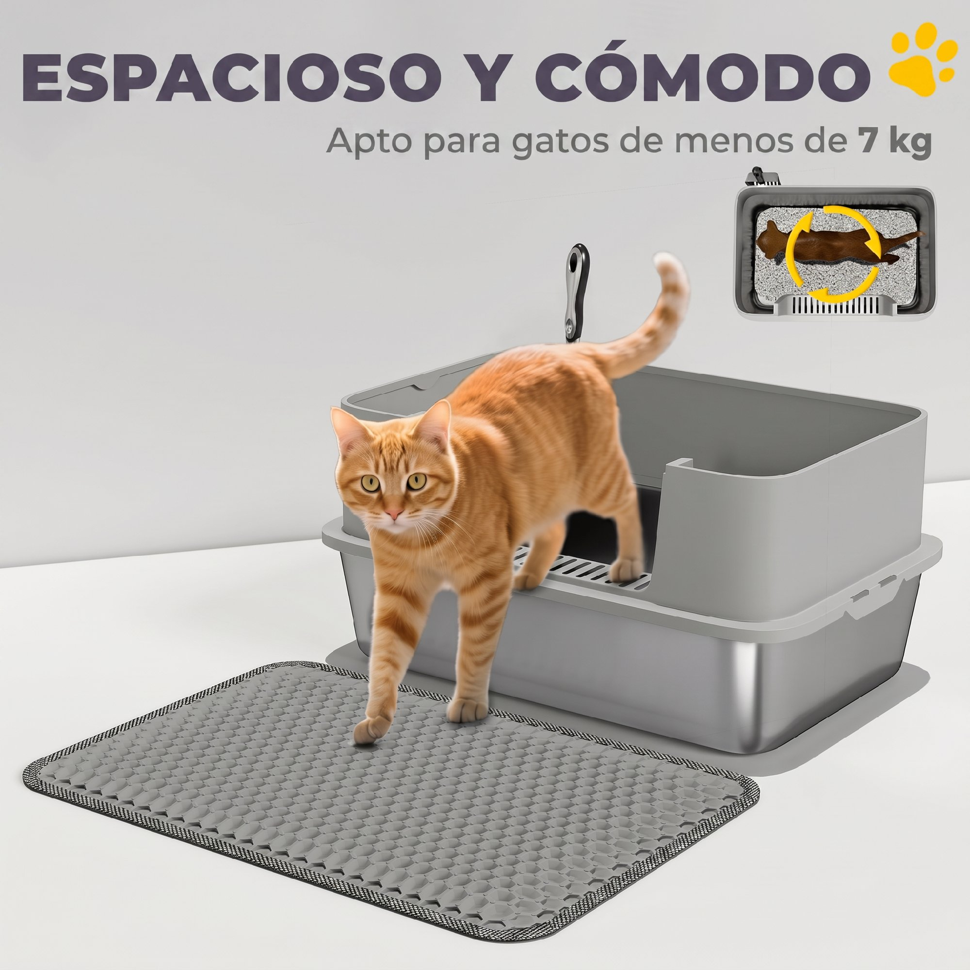 Un gato anaranjado sale de un arenero gris con una alfombrilla gris delante.