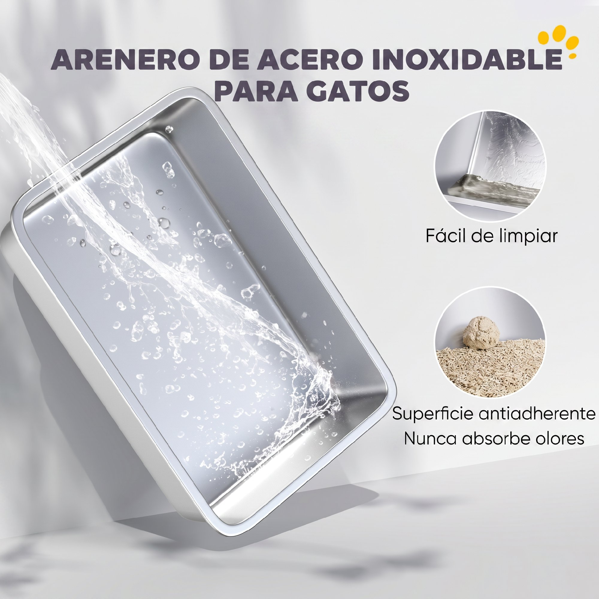 Arenero de acero inoxidable siendo enjuagado, fácil de limpiar.