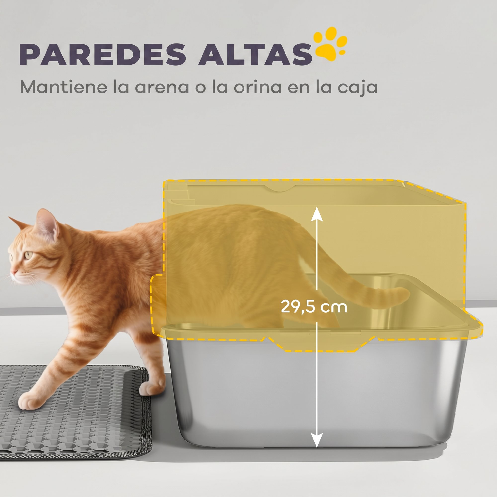 Un gato naranja sale de un arenero de metal con paredes altas de 29,5 cm, sobre una alfombrilla gris.