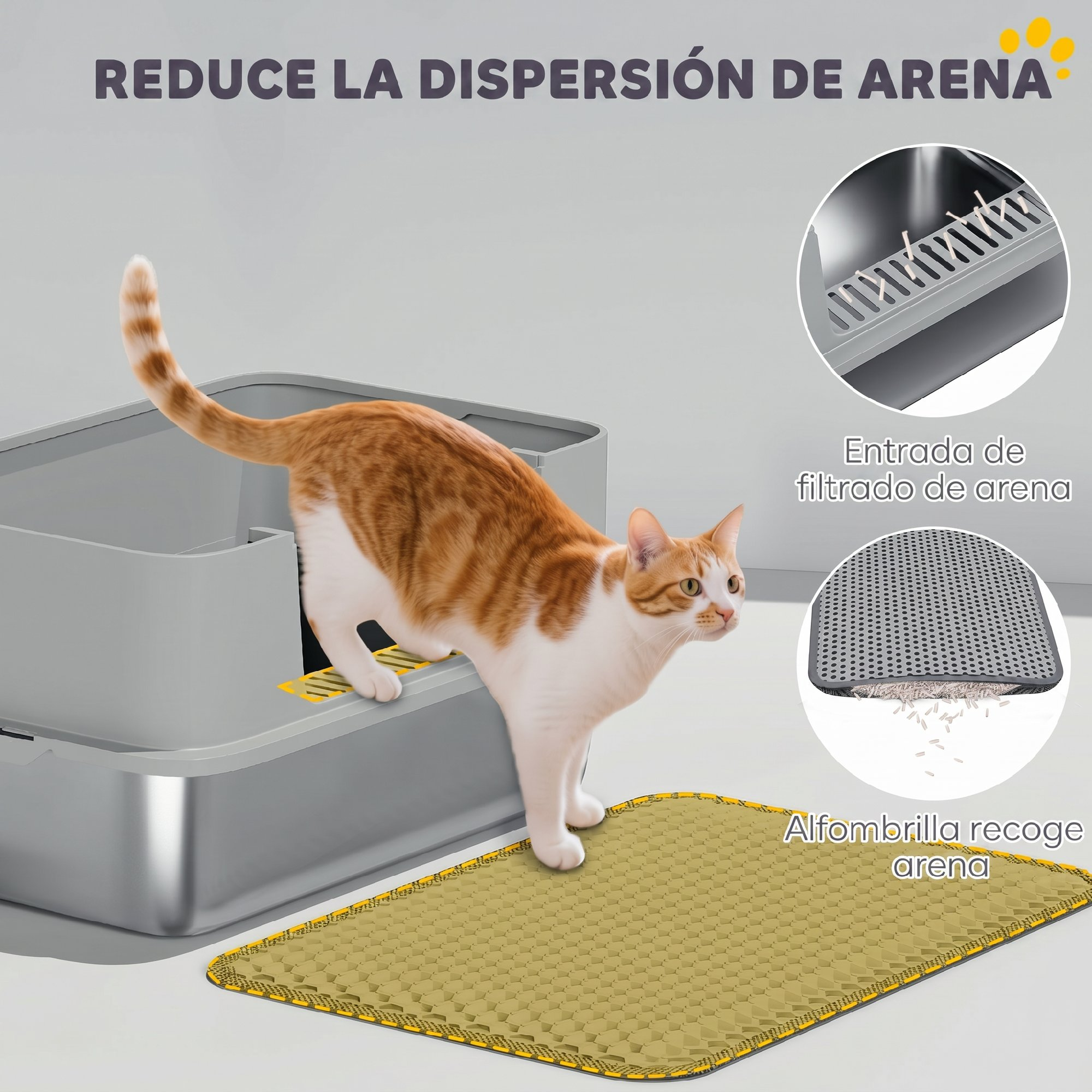 Un gato naranja y blanco sale de un arenero gris a una alfombrilla amarilla, con diagramas.