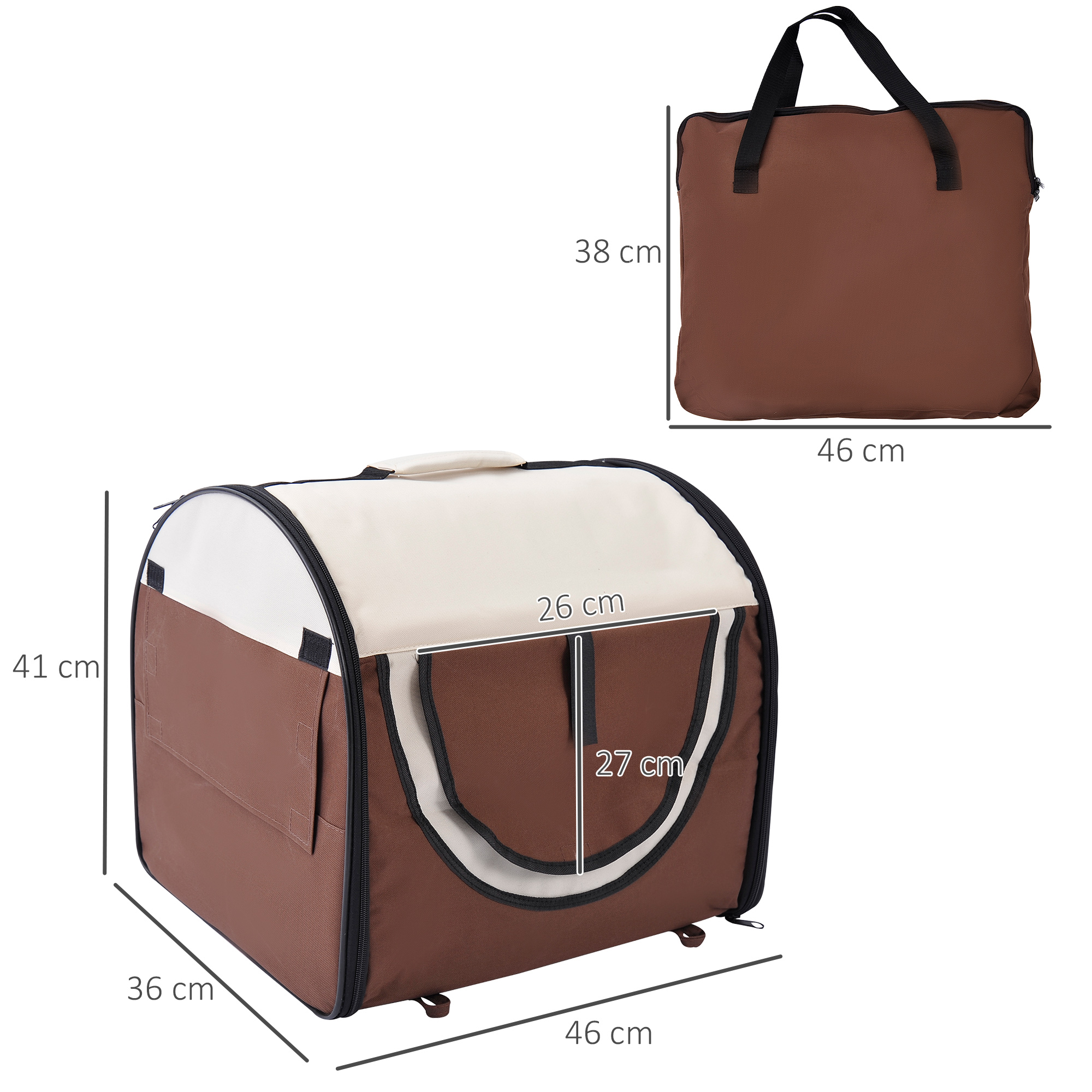 Un asiento transportín marrón y beige para mascotas con medidas, acompañado de una bolsa.