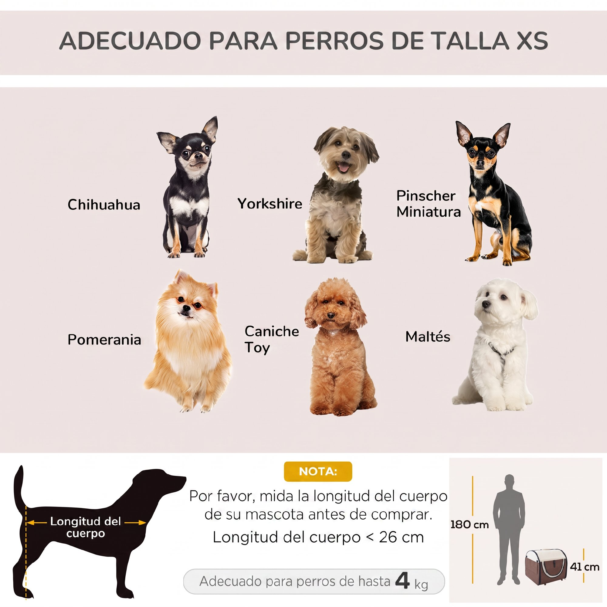 Gráfico muestra razas de perros XS como Chihuahua y Yorkshire, guía de medida y peso máx 4 kg.