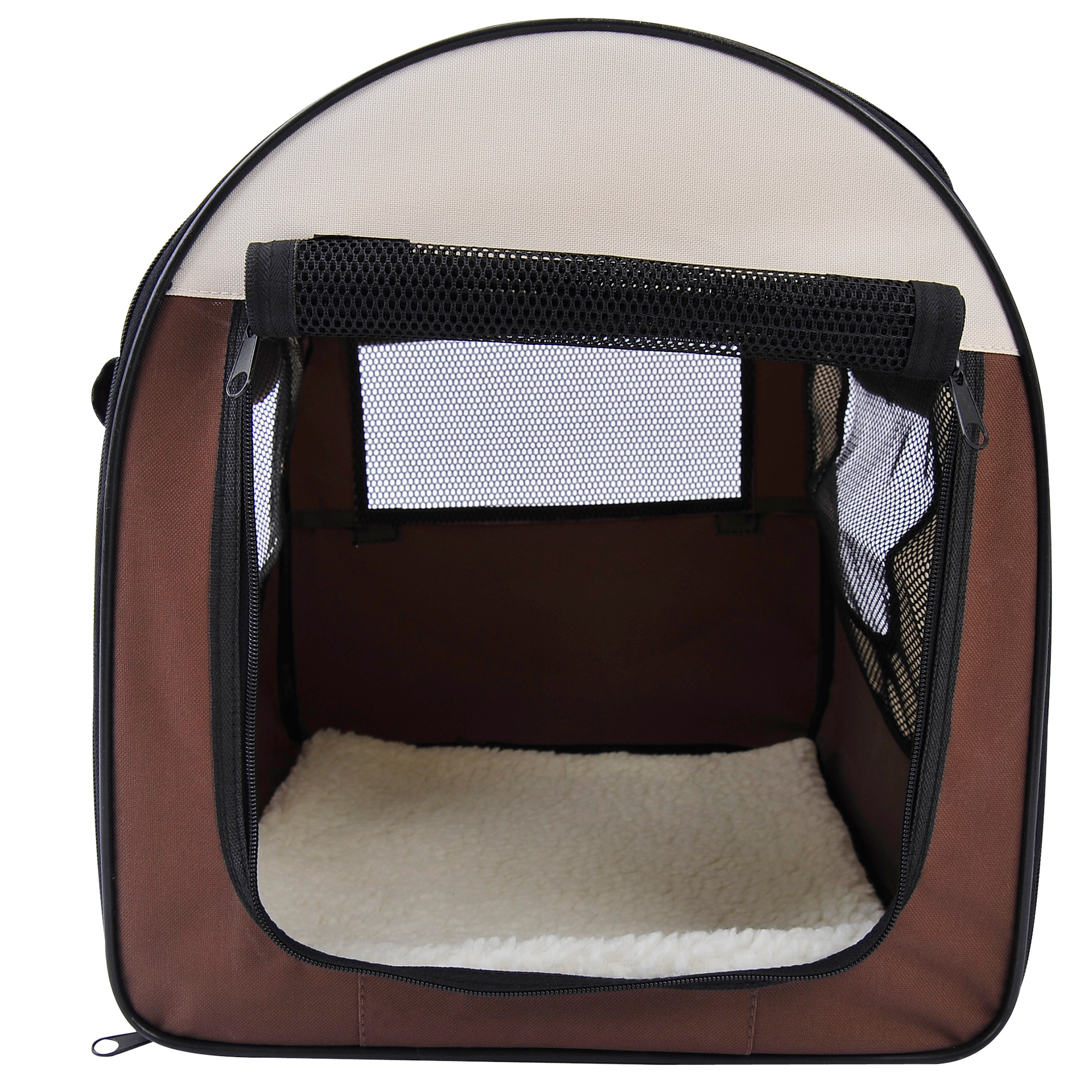 Transportín para mascotas marrón y beige con puerta de malla abierta y suelo de felpa blanca.