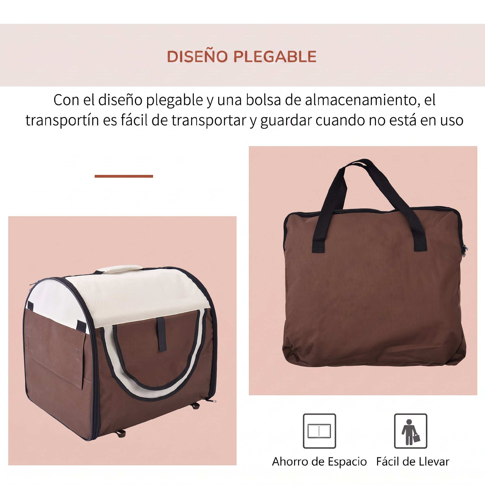 Transportín plegable marrón y blanco con bolsa de almacenamiento y texto.