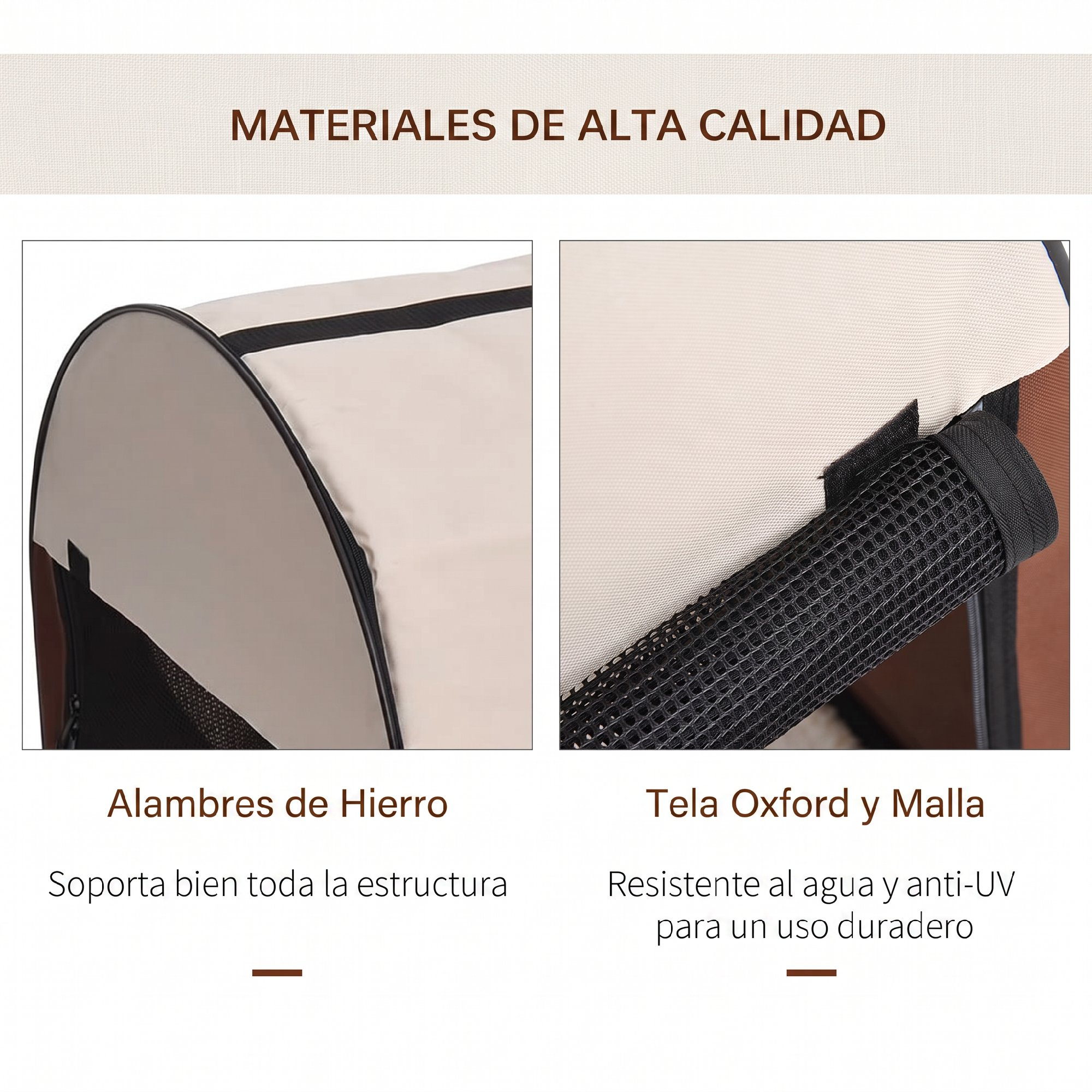 Detalles de estructura de hierro y tela Oxford para una carpa de mascotas.