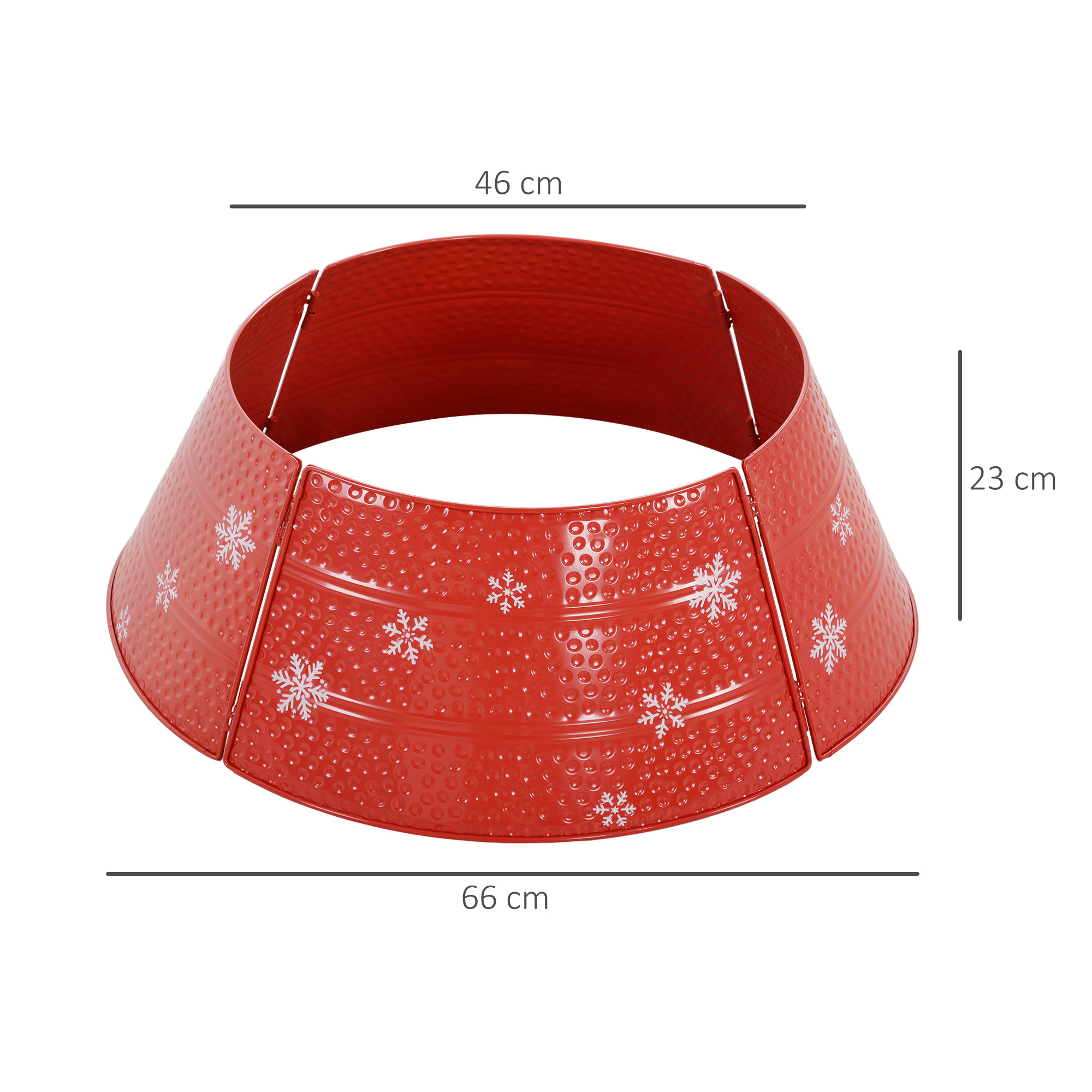 Falda roja para árbol de navidad con copos de nieve blancos, de 46 cm arriba, 66 cm abajo y 23 cm de alto.