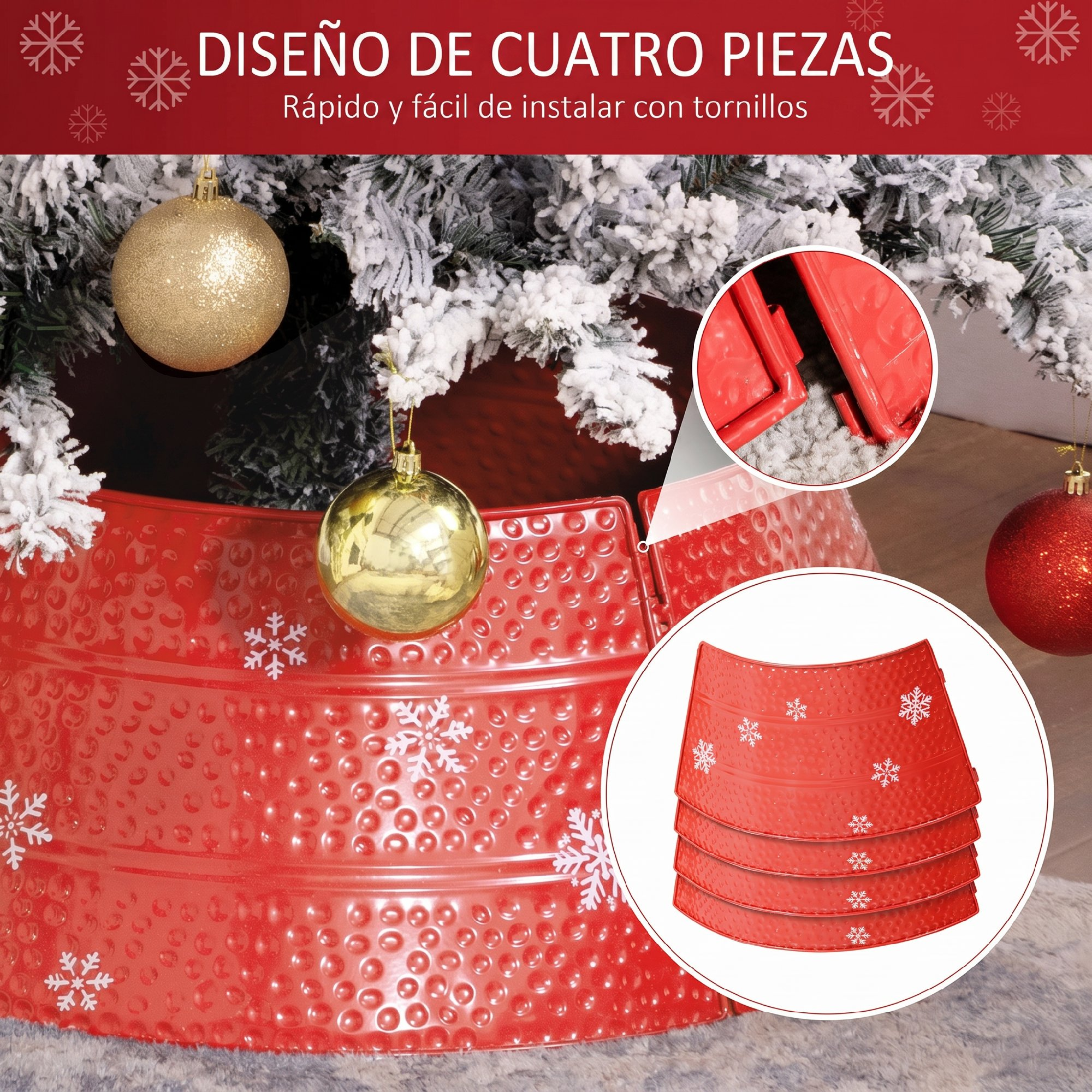 Falda de árbol roja con copos de nieve bajo un árbol nevado, mostrando cuatro piezas fáciles de montar.