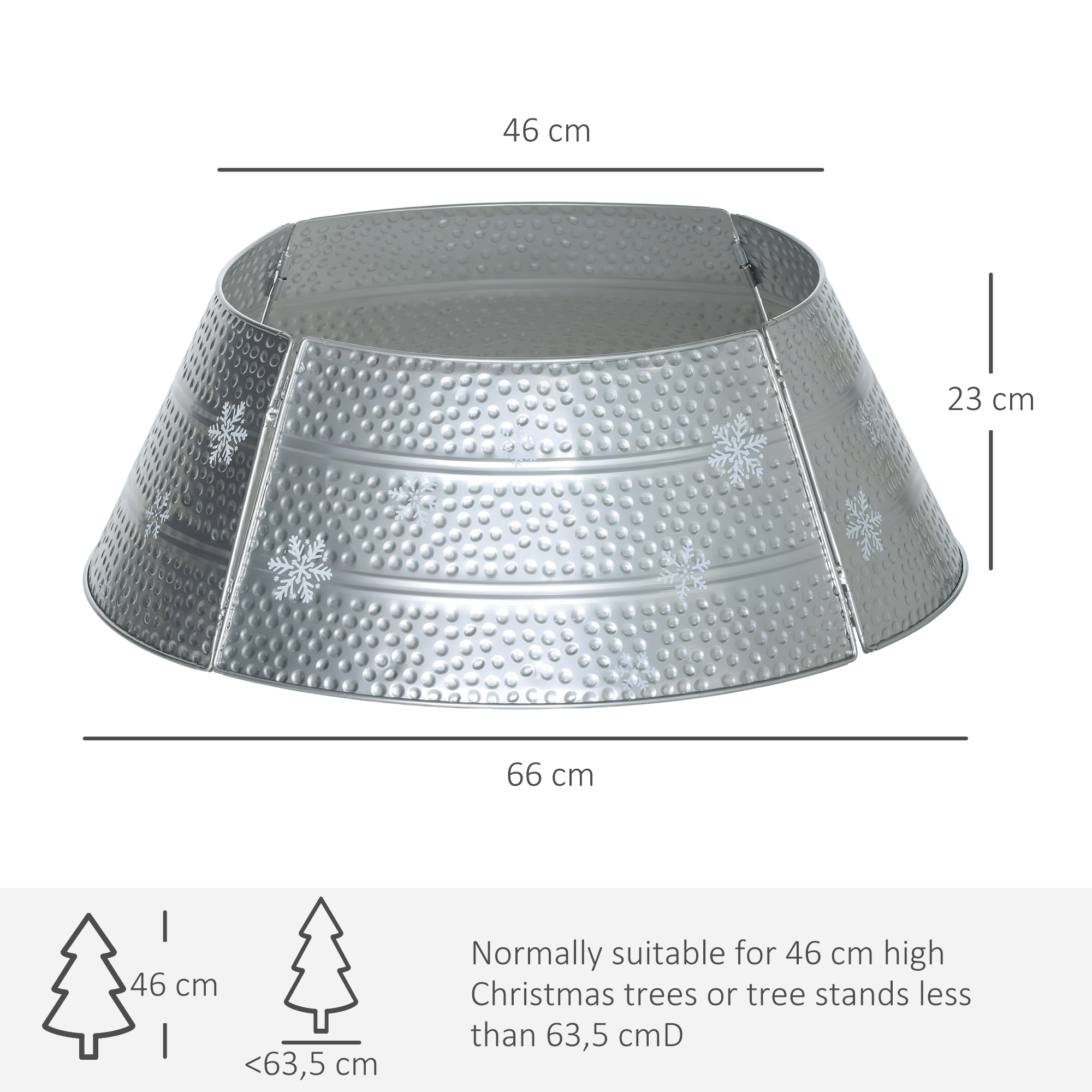 Falda de árbol de navidad de metal plateado con copos de nieve, de 46 cm arriba, 66 cm abajo y 23 cm de alto.