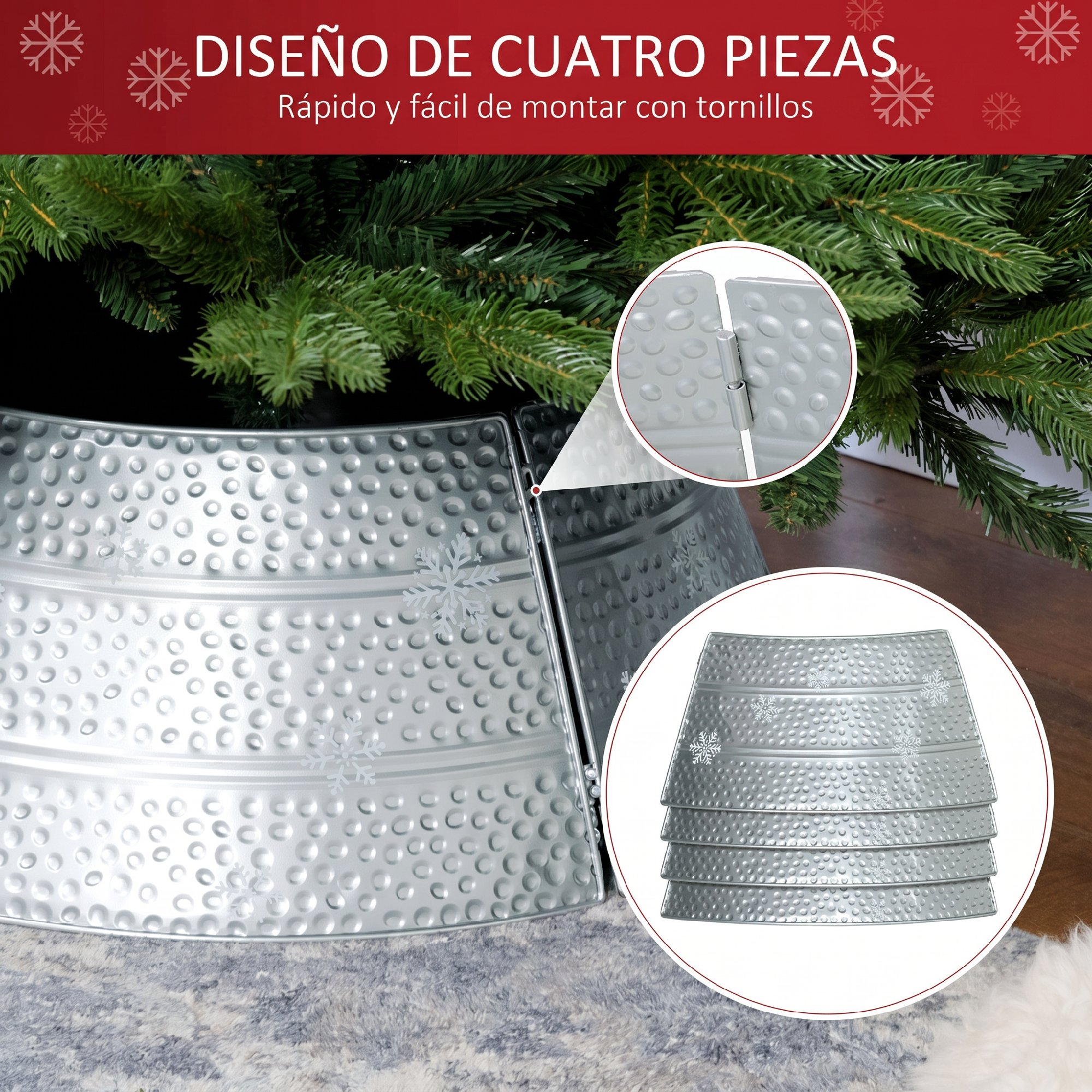 Falda de árbol de navidad plateada de cuatro piezas con estrellas.