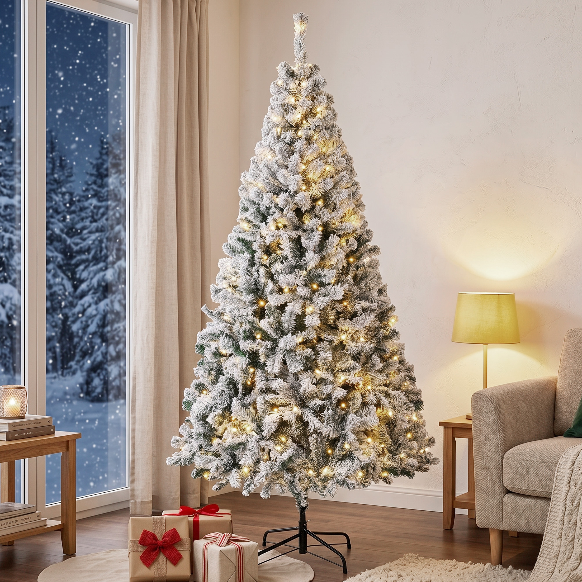 Un árbol de Navidad artificial nevado con luces se encuentra en una sala acogedora con regalos.