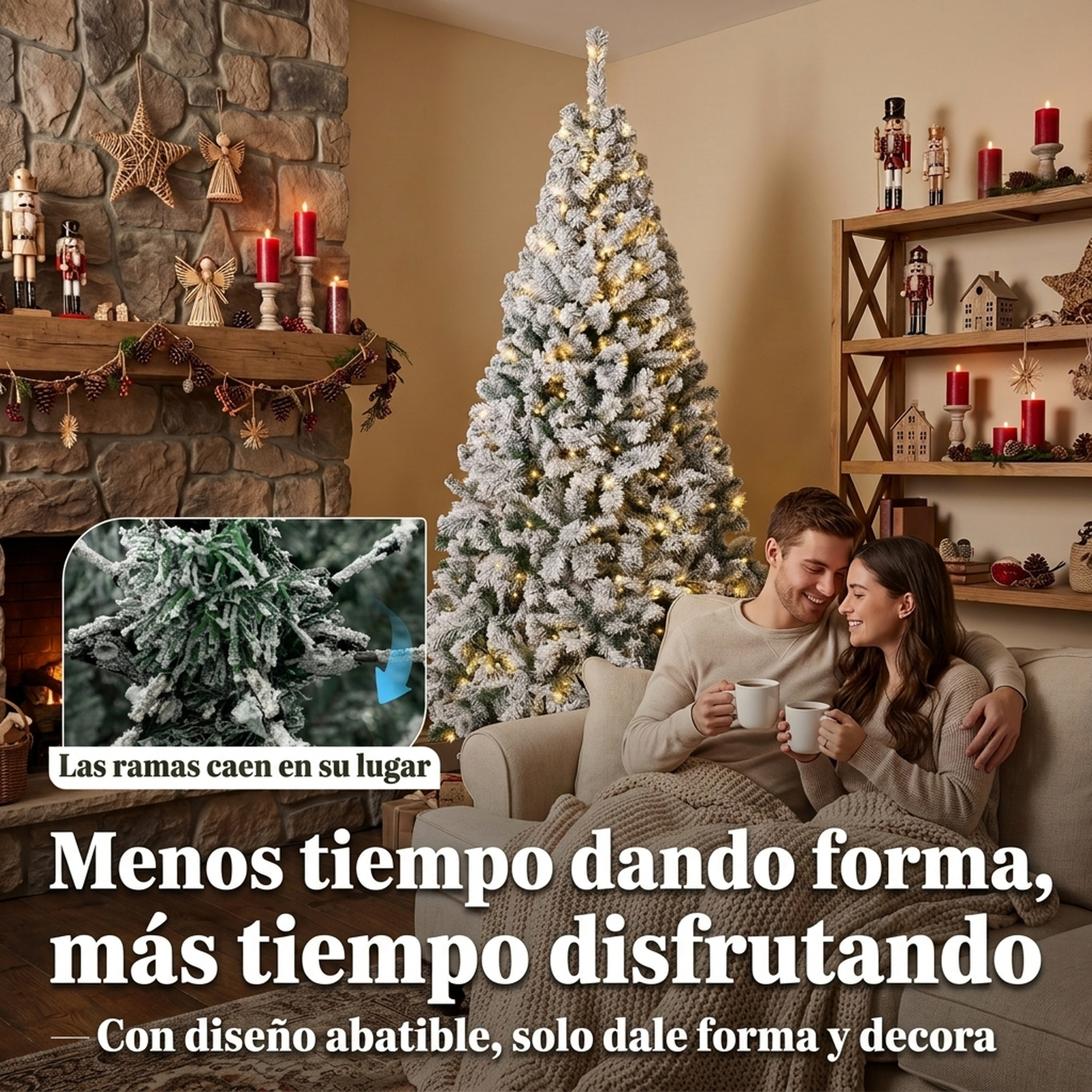 Pareja sentada en un sofá frente a un árbol de Navidad iluminado en una sala acogedora.