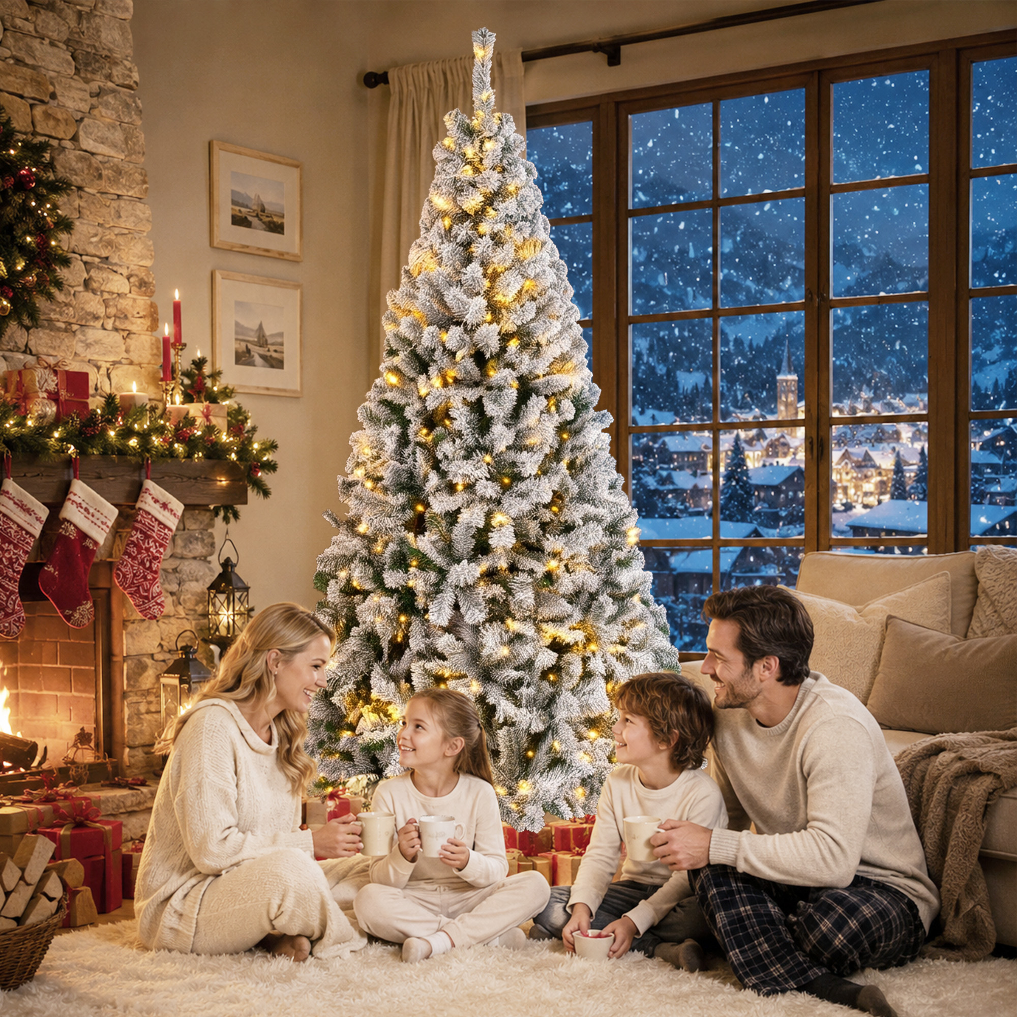Una familia se sienta en una sala frente a un árbol de Navidad decorado con vista a un pueblo nevado.