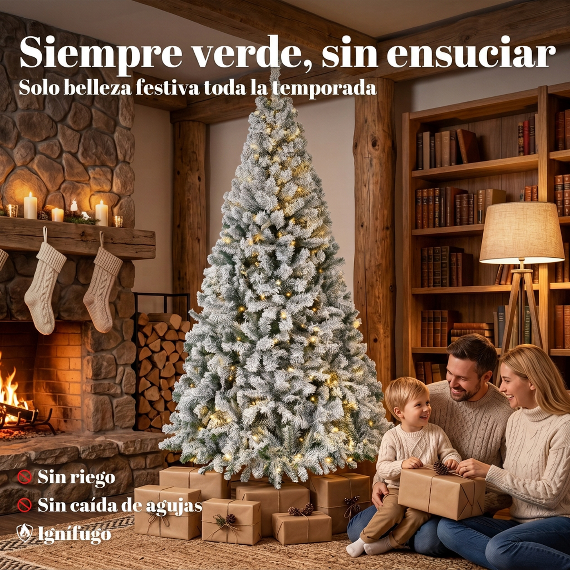 Una familia abre regalos junto a un árbol de Navidad iluminado en una sala de estar acogedora.