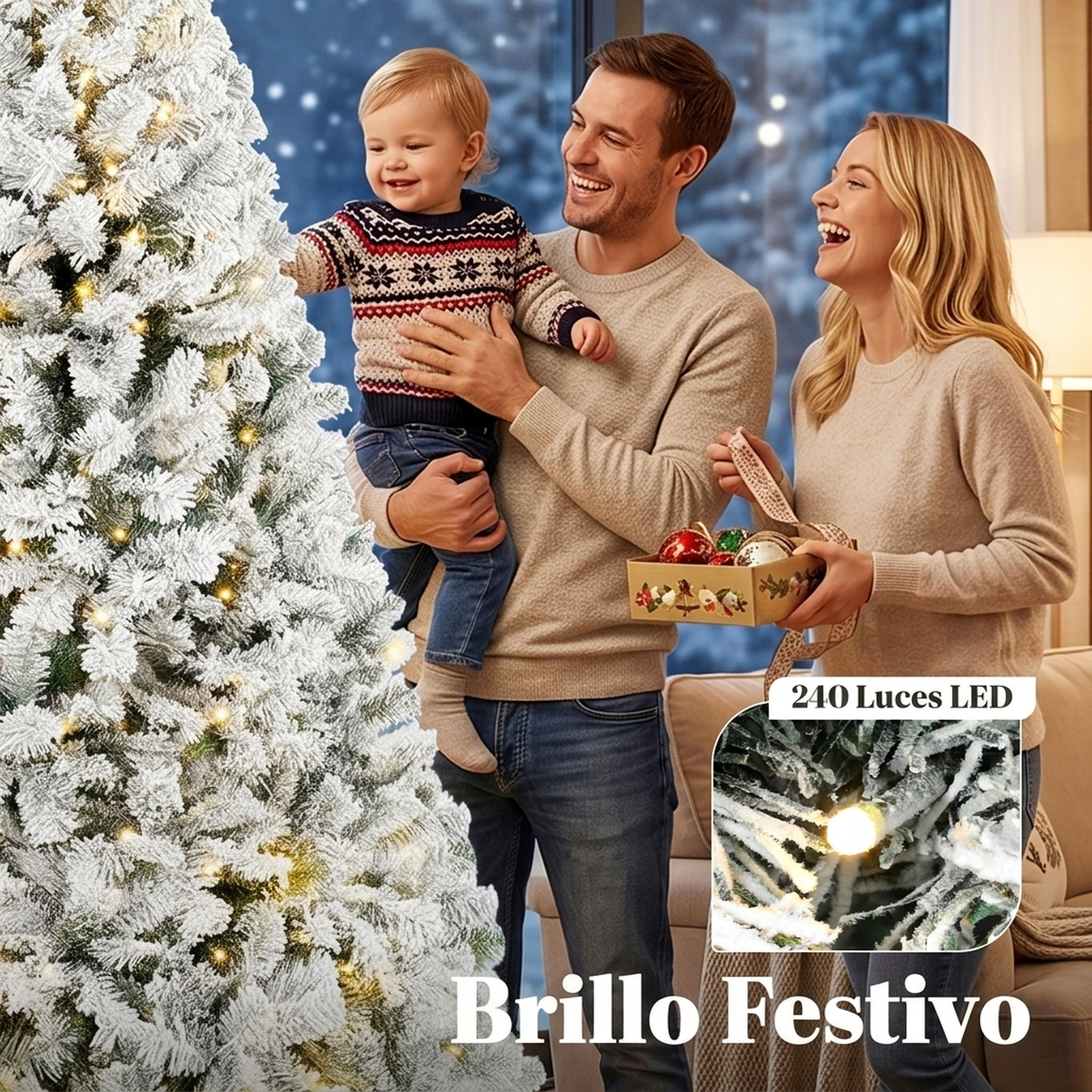 Familia feliz con niño decorando un árbol de Navidad nevado con luces y adornos.