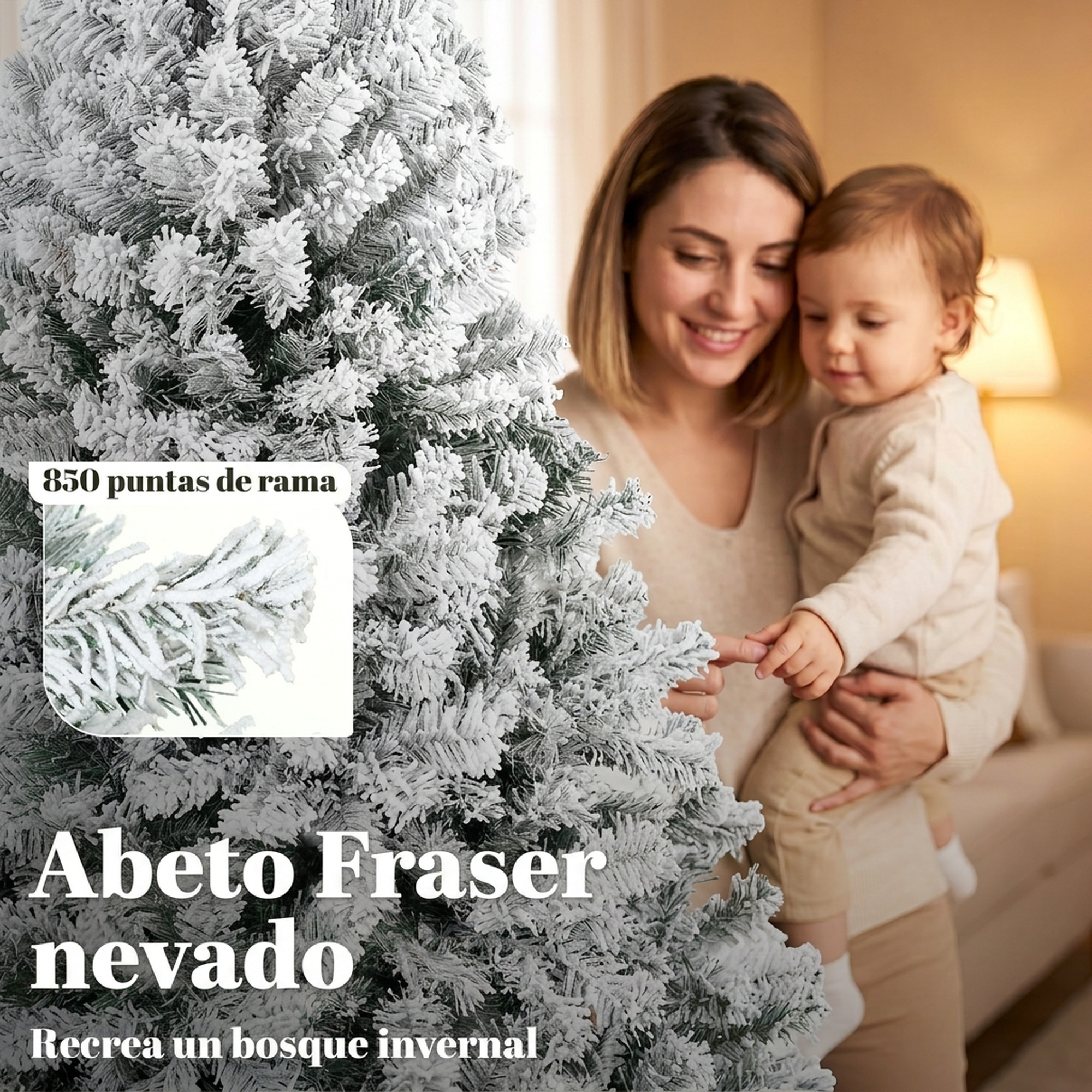 Una mujer sostiene a un niño que toca un abeto nevado, con texto en español.
