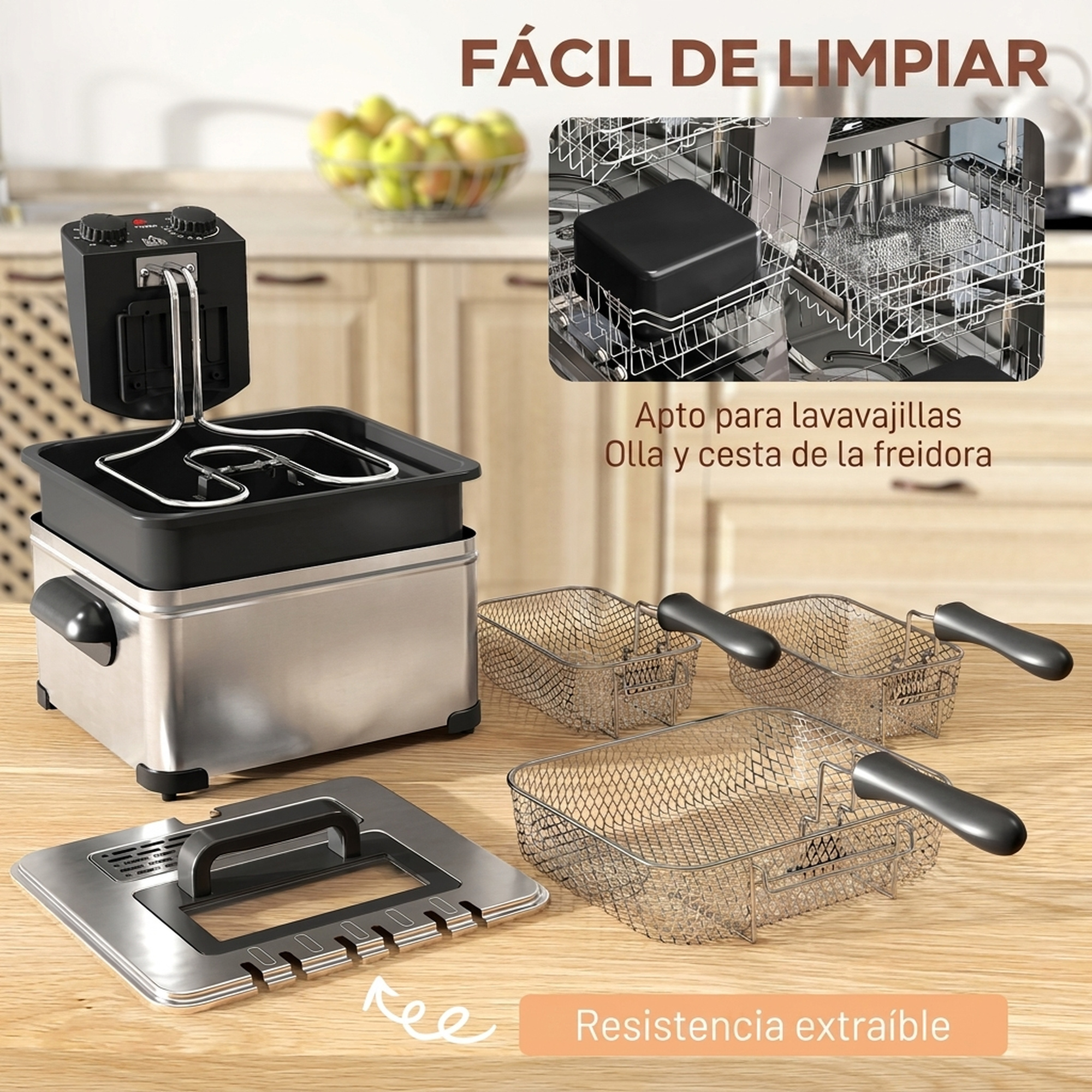 Freidora desmontada con cestas y piezas aptas para lavavajillas en una mesa.