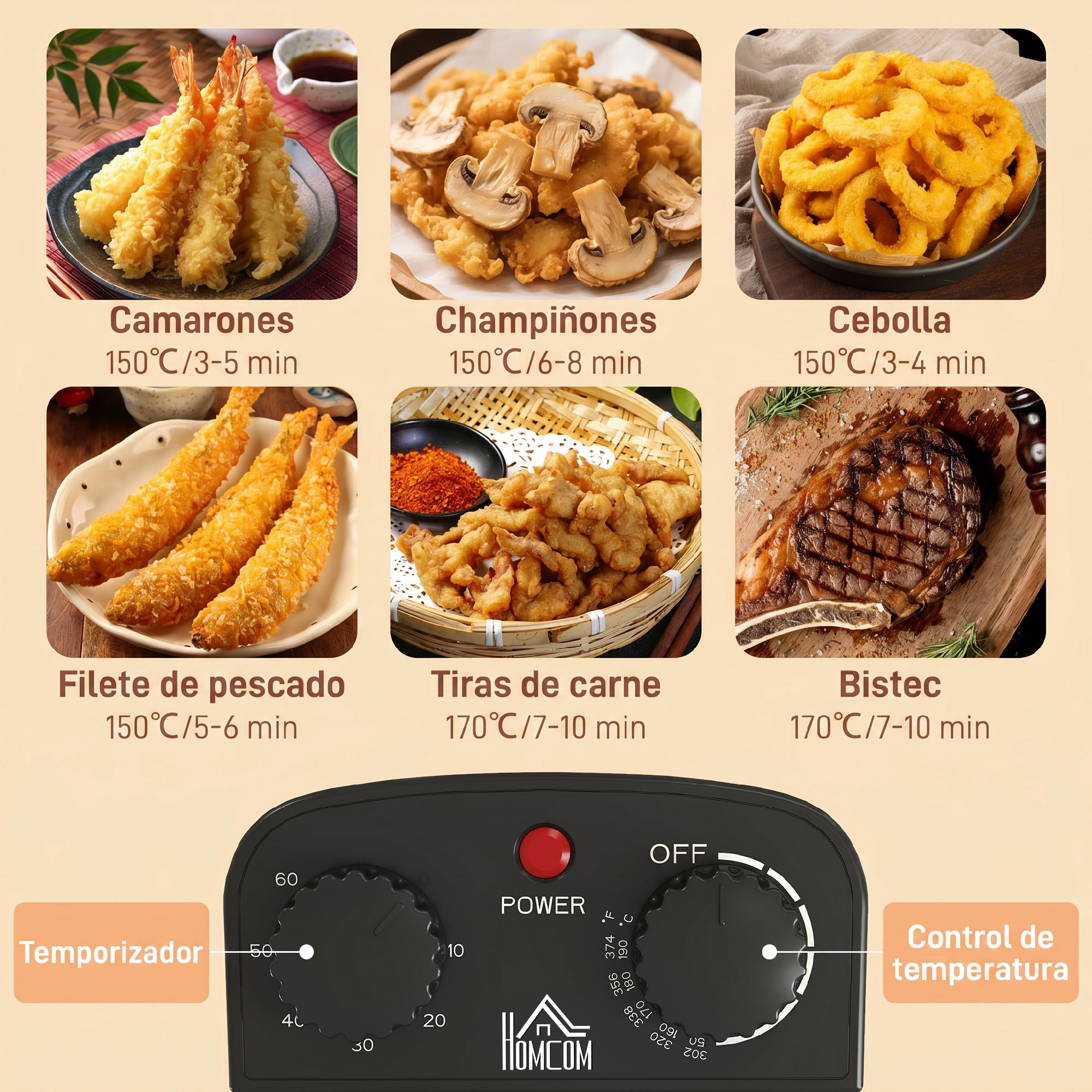 Guía de cocina que muestra temperatura y tiempo para camarones, champiñones, cebolla, pescado, carne y bistec.