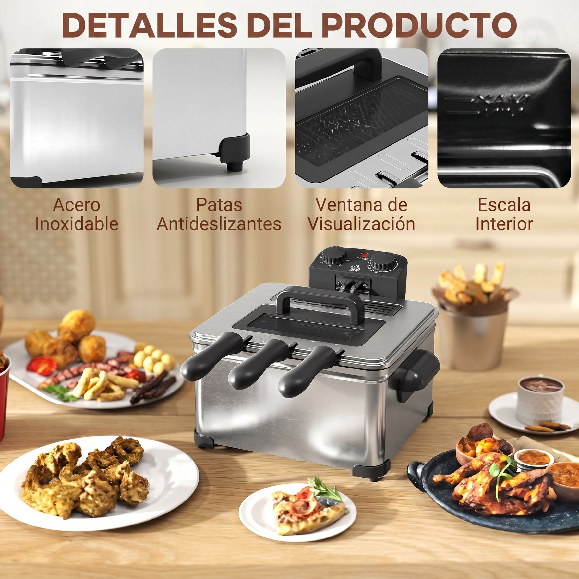 Freidora de acero inoxidable en una mesa con comida frita, con cuatro detalles de sus características.