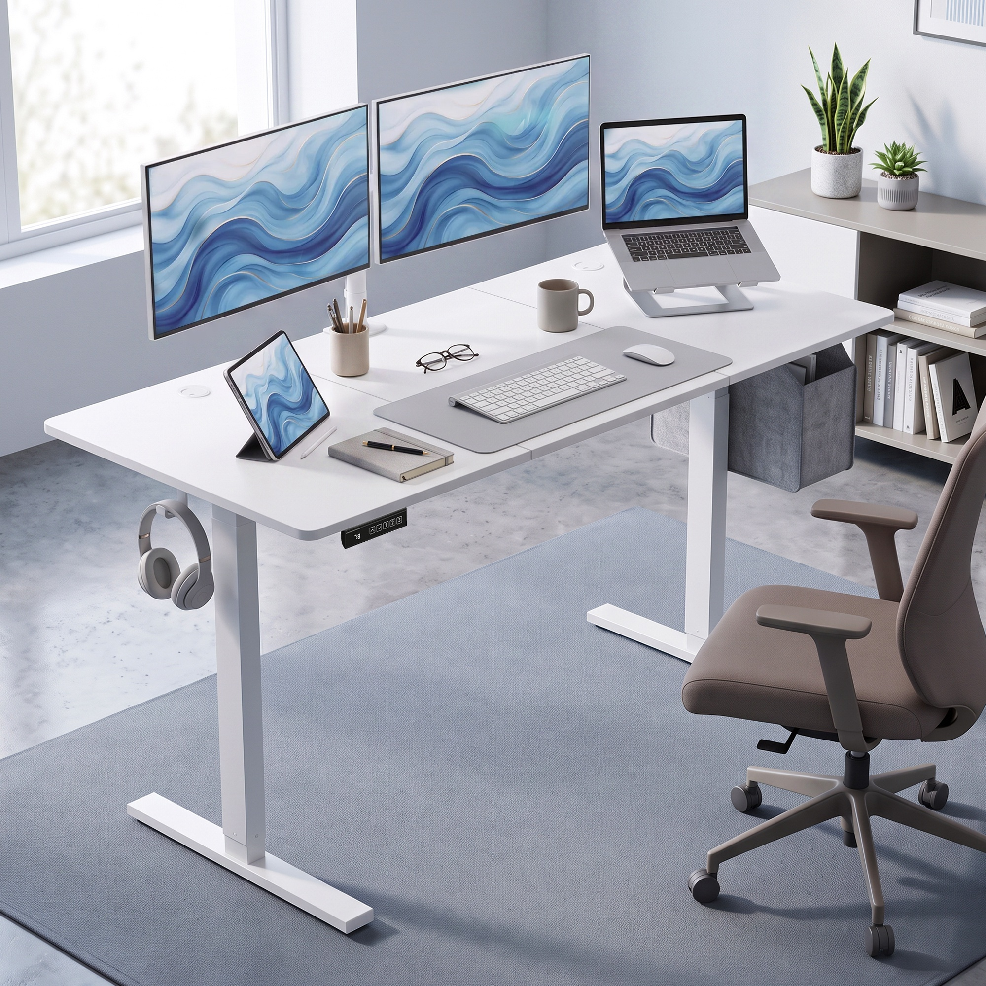 Moderno espacio de trabajo con escritorio elevable blanco, dos monitores, portátil, tableta, teclado y silla gris.