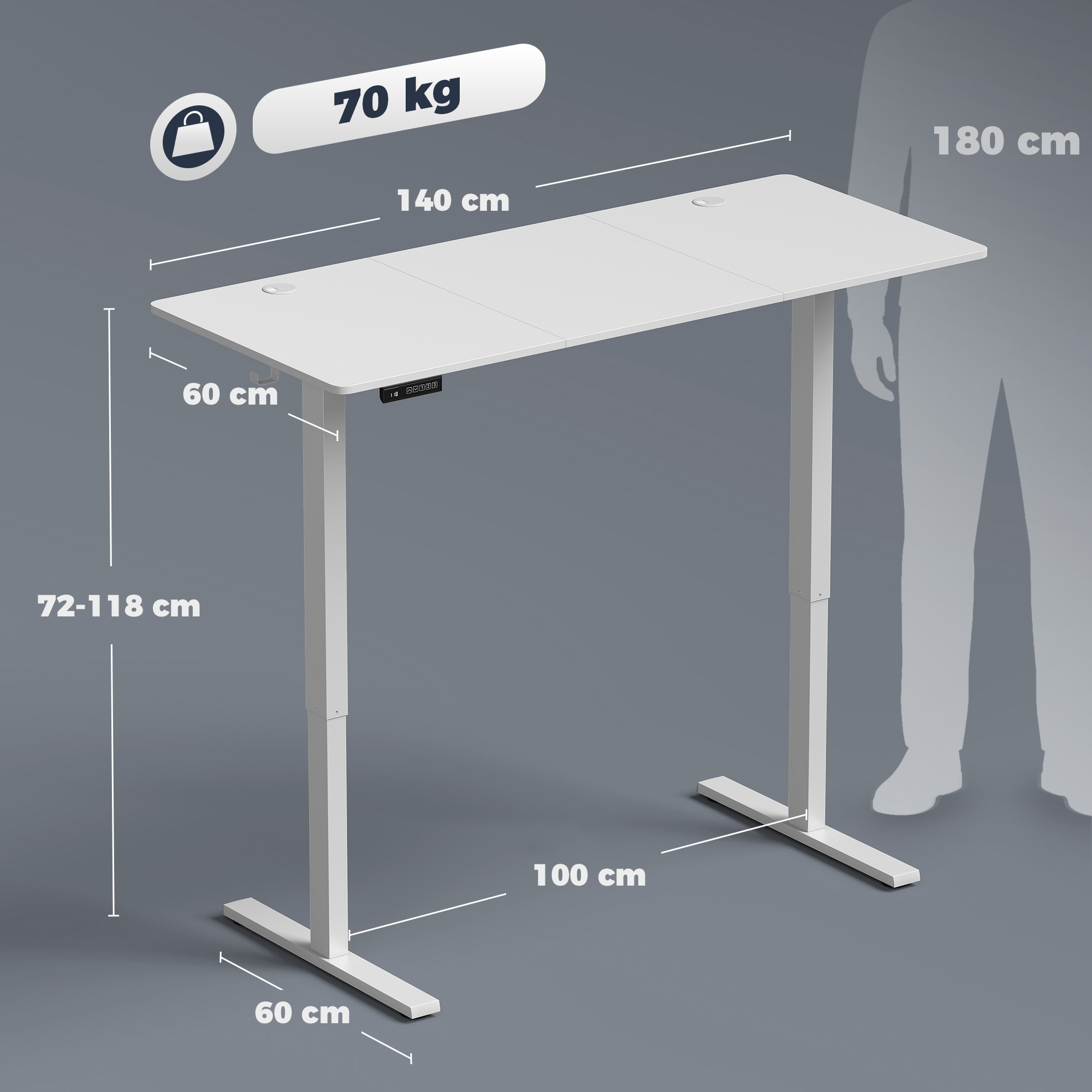 Escritorio elevable blanco con dimensiones y silueta de persona sobre fondo gris.