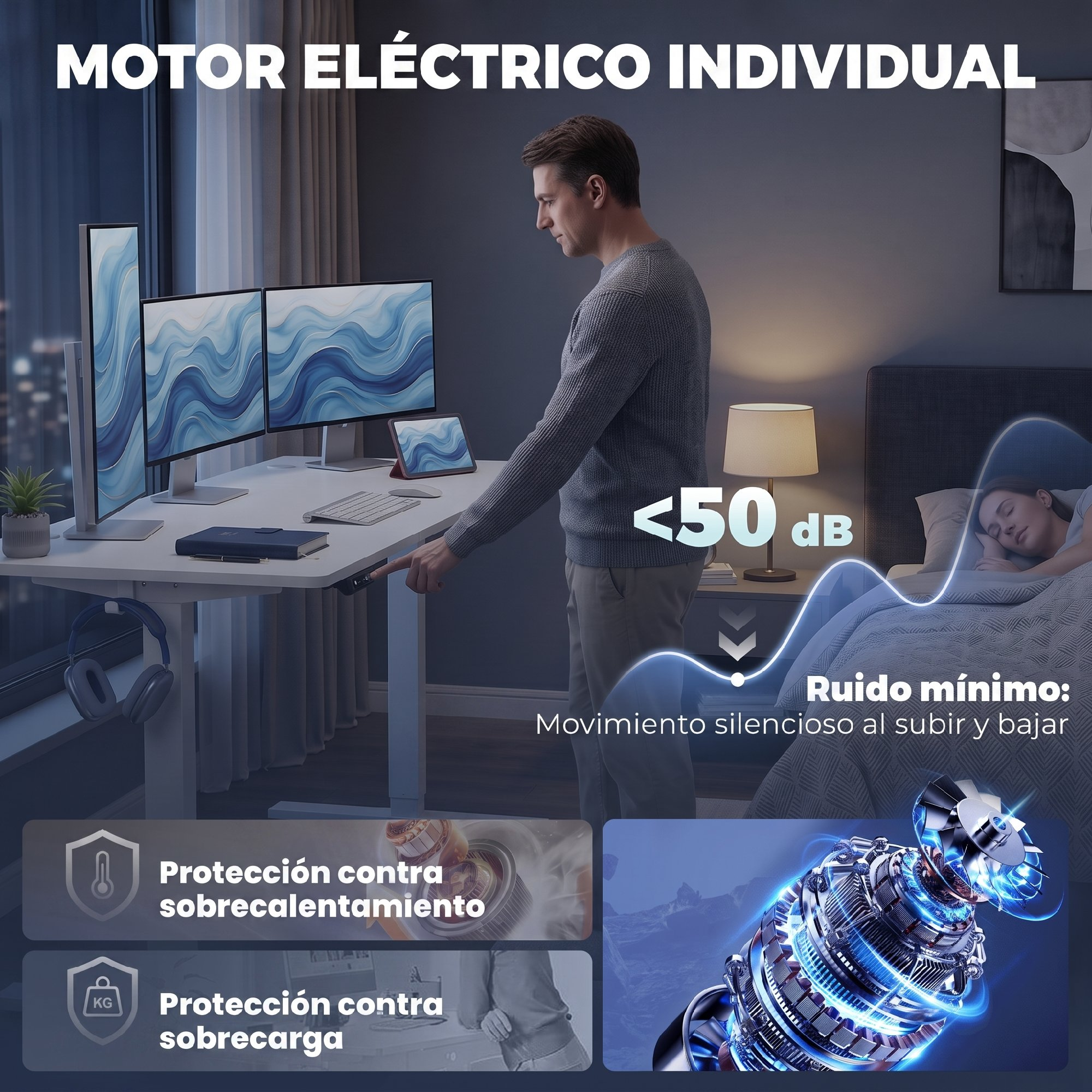 Un hombre ajusta un escritorio elevable junto a una mujer durmiendo, destacando motor silencioso y seguridad.