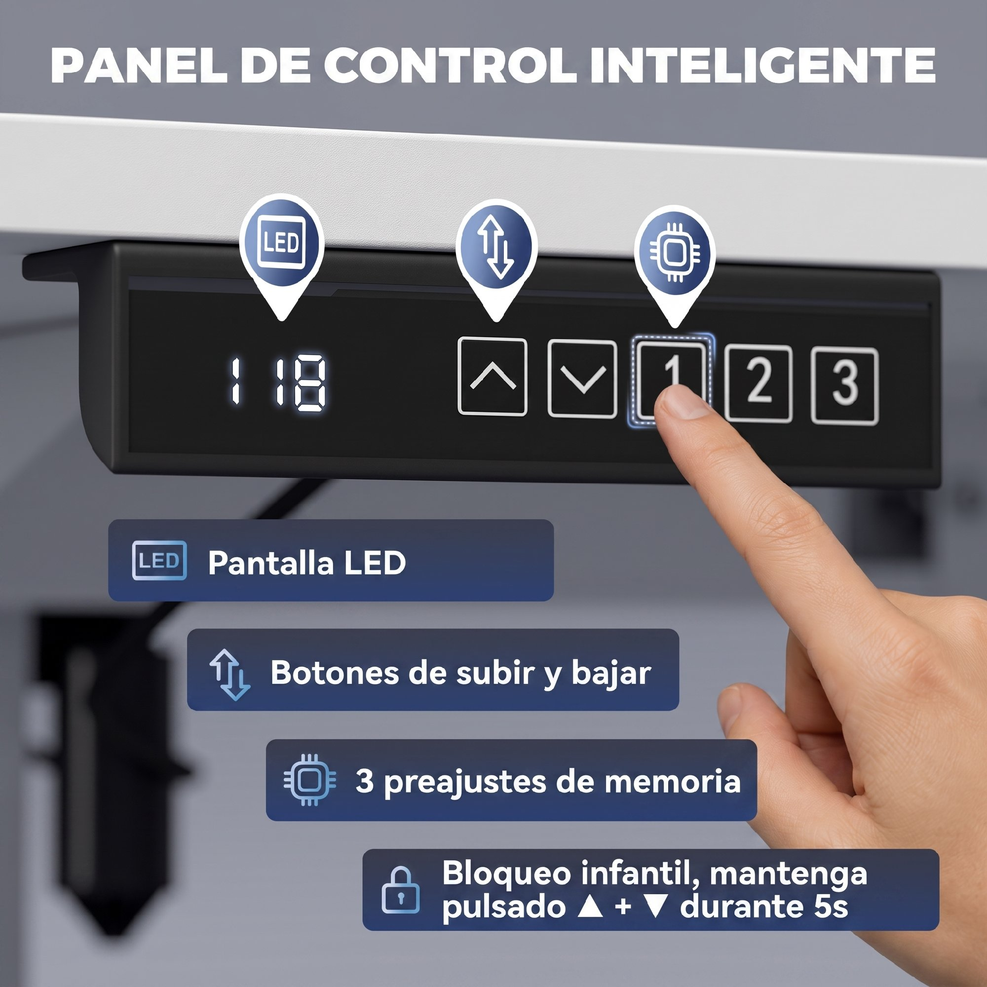 Mano presionando el botón de memoria 1 en un panel de control de escritorio.
