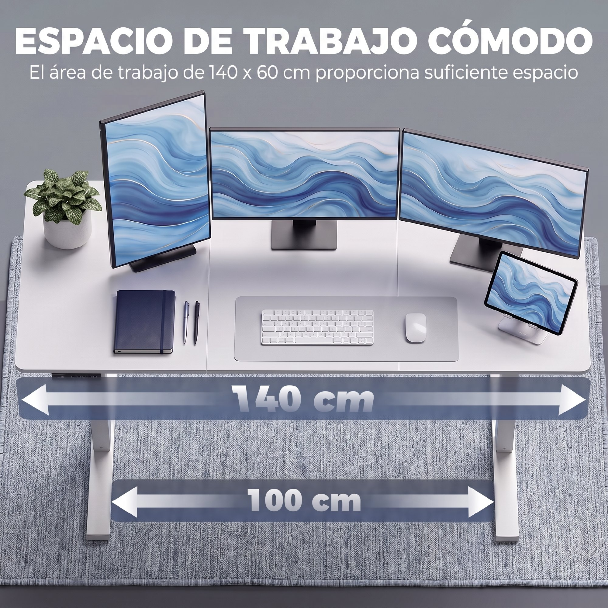 Escritorio blanco moderno con tres monitores, una planta, cuaderno, teclado, ratón y tableta.