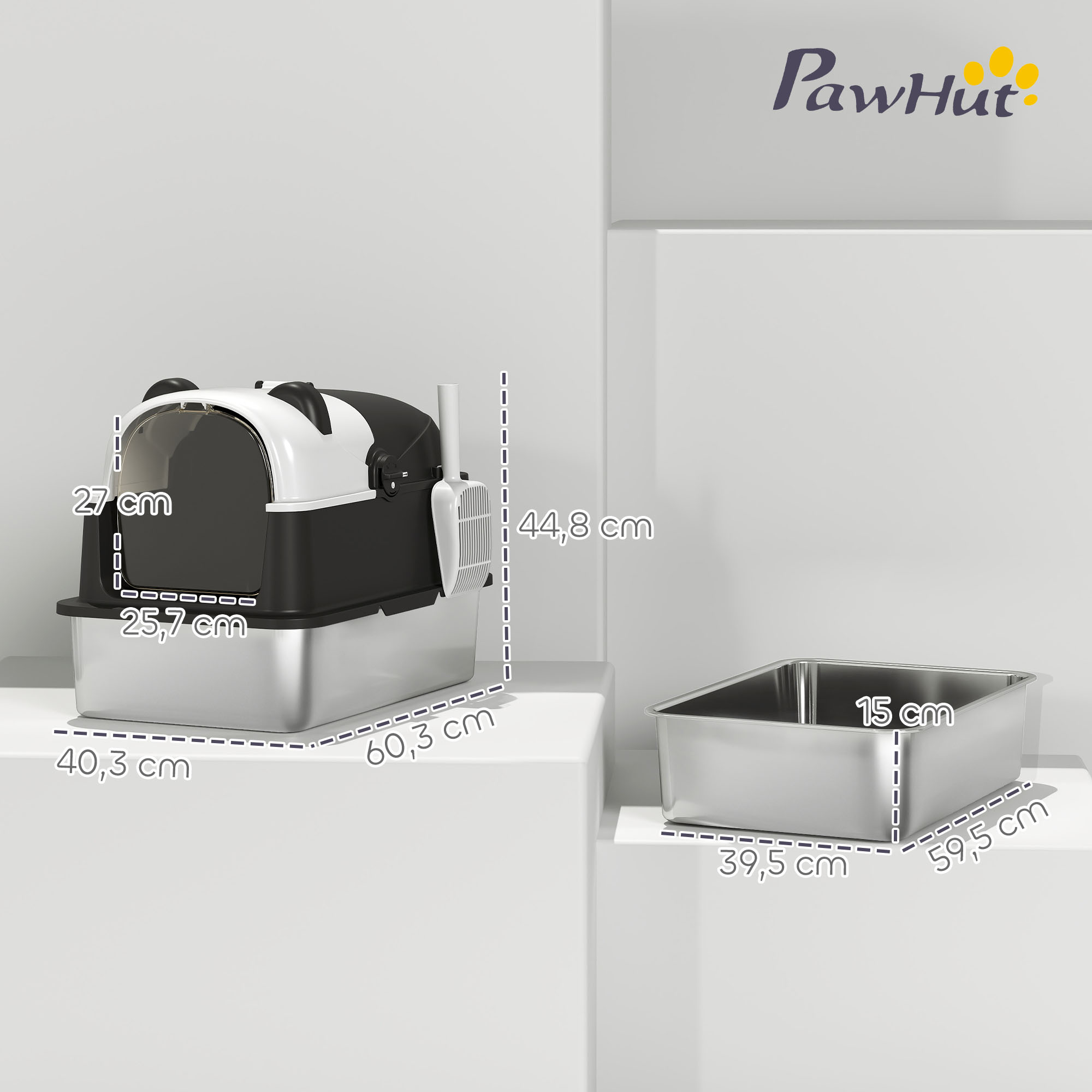 Caja de arena para gatos negra y blanca con tapa y cubeta de acero inoxidable separada, con medidas.