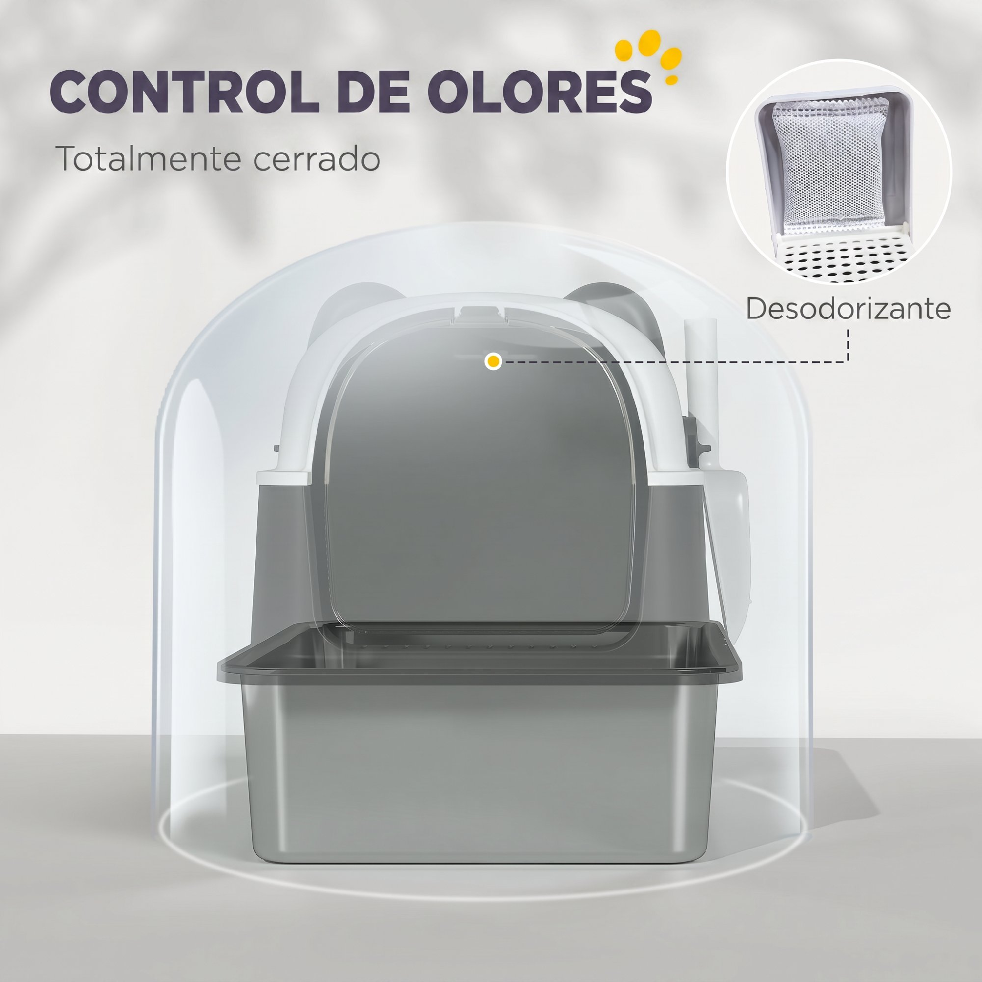 Caja de arena para gatos cerrada con filtro de olores integrado y cúpula de vidrio transparente.