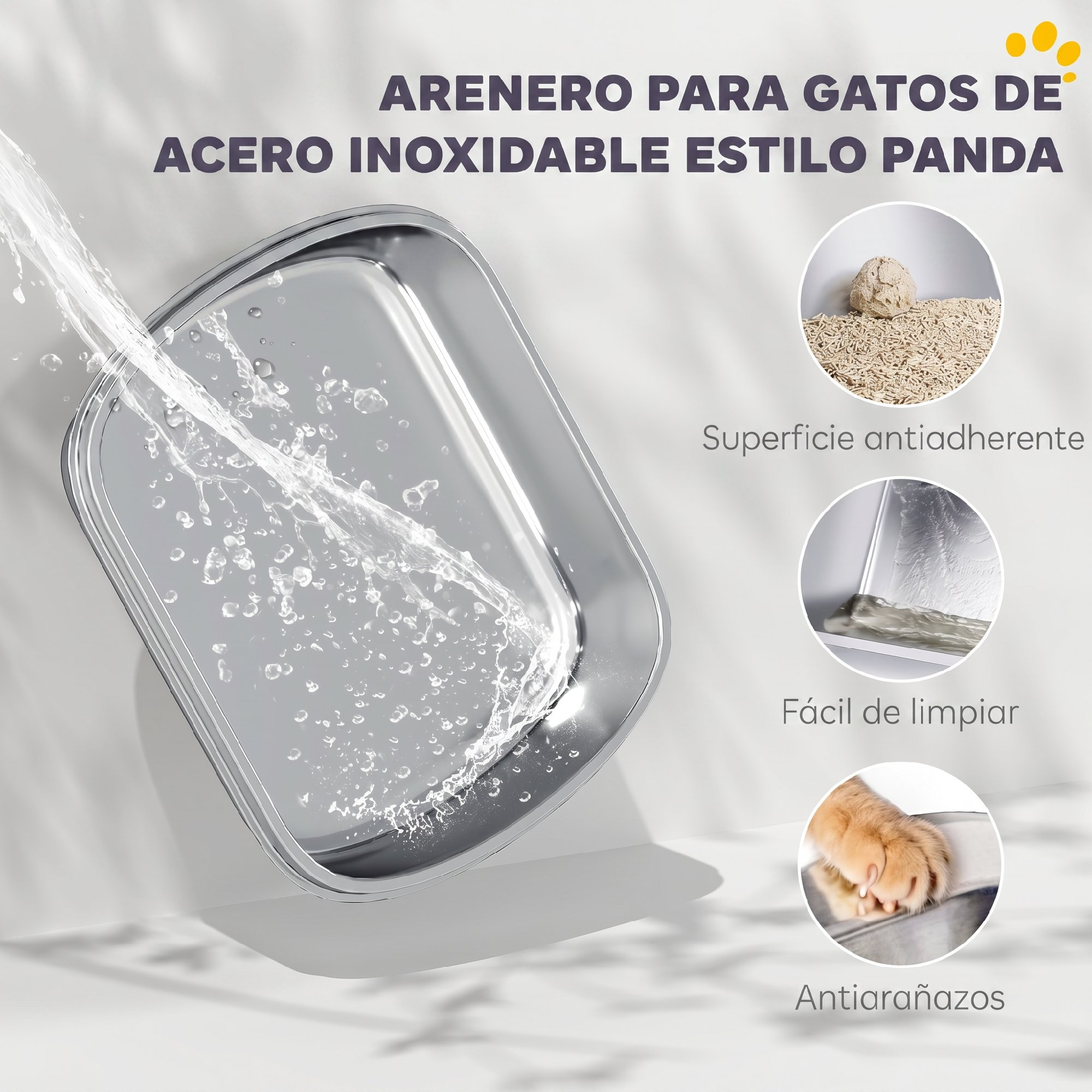 Arenero de acero inoxidable para gatos siendo lavado con agua, con beneficios antiadherentes, fáciles de limpiar y antiarañazos.