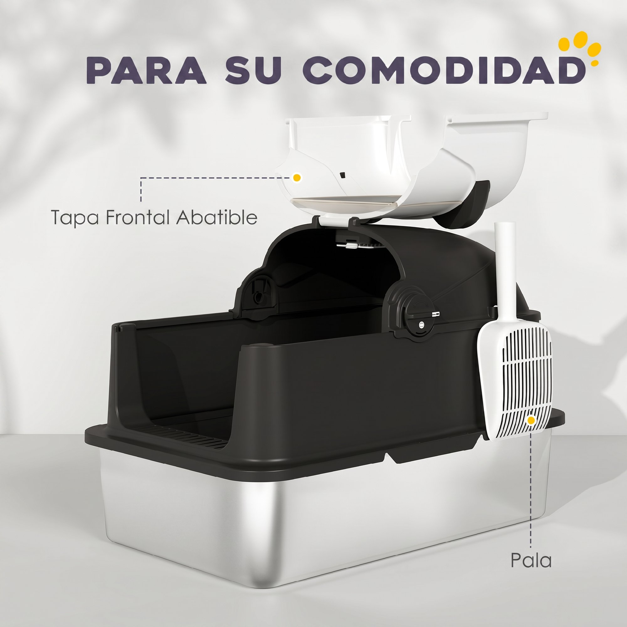 Moderna caja de arena para gatos en blanco y negro con tapa frontal abatible y pala.